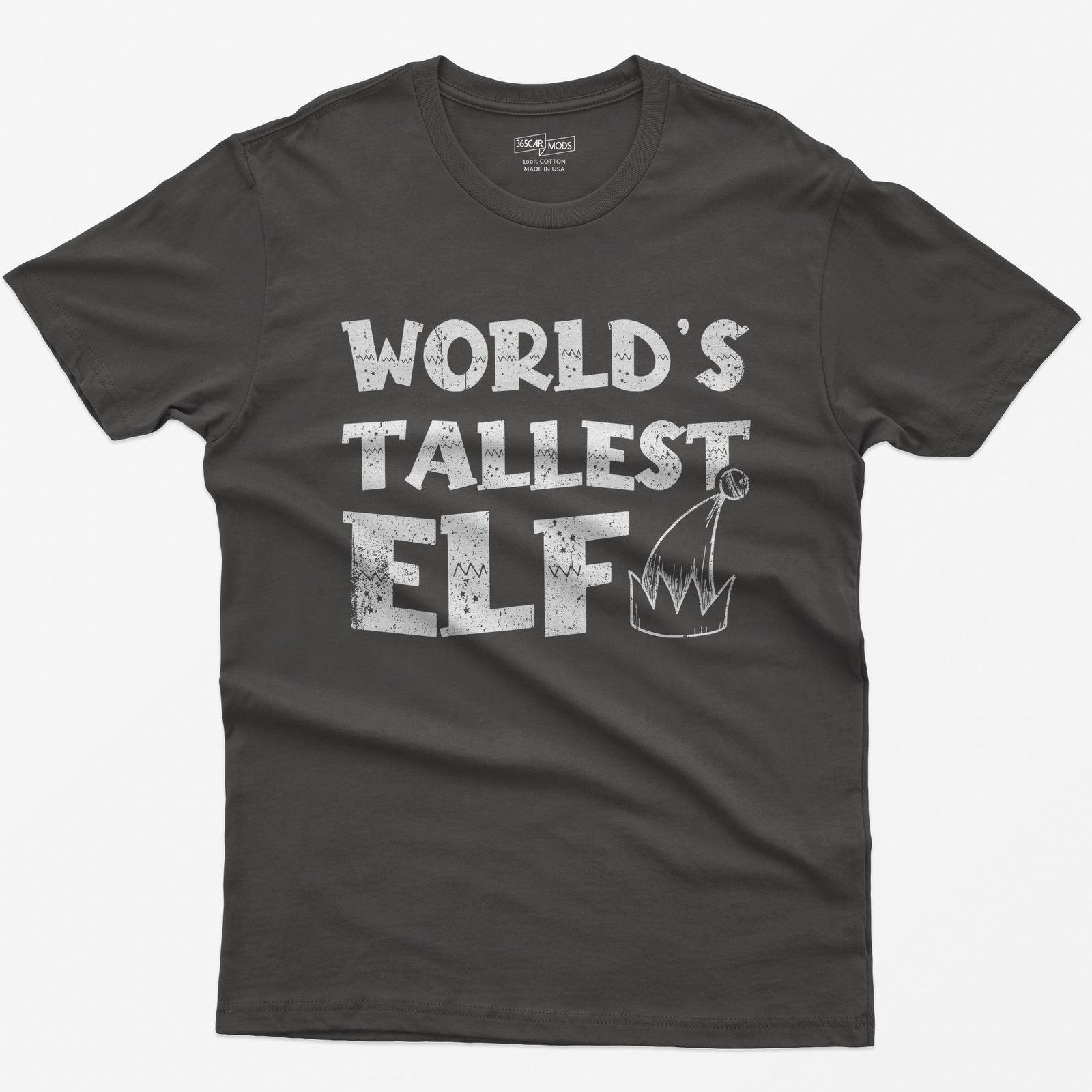 Dark Heather t-shirt with green distressed text World's Tallest Elf and a small elf hat with a bell