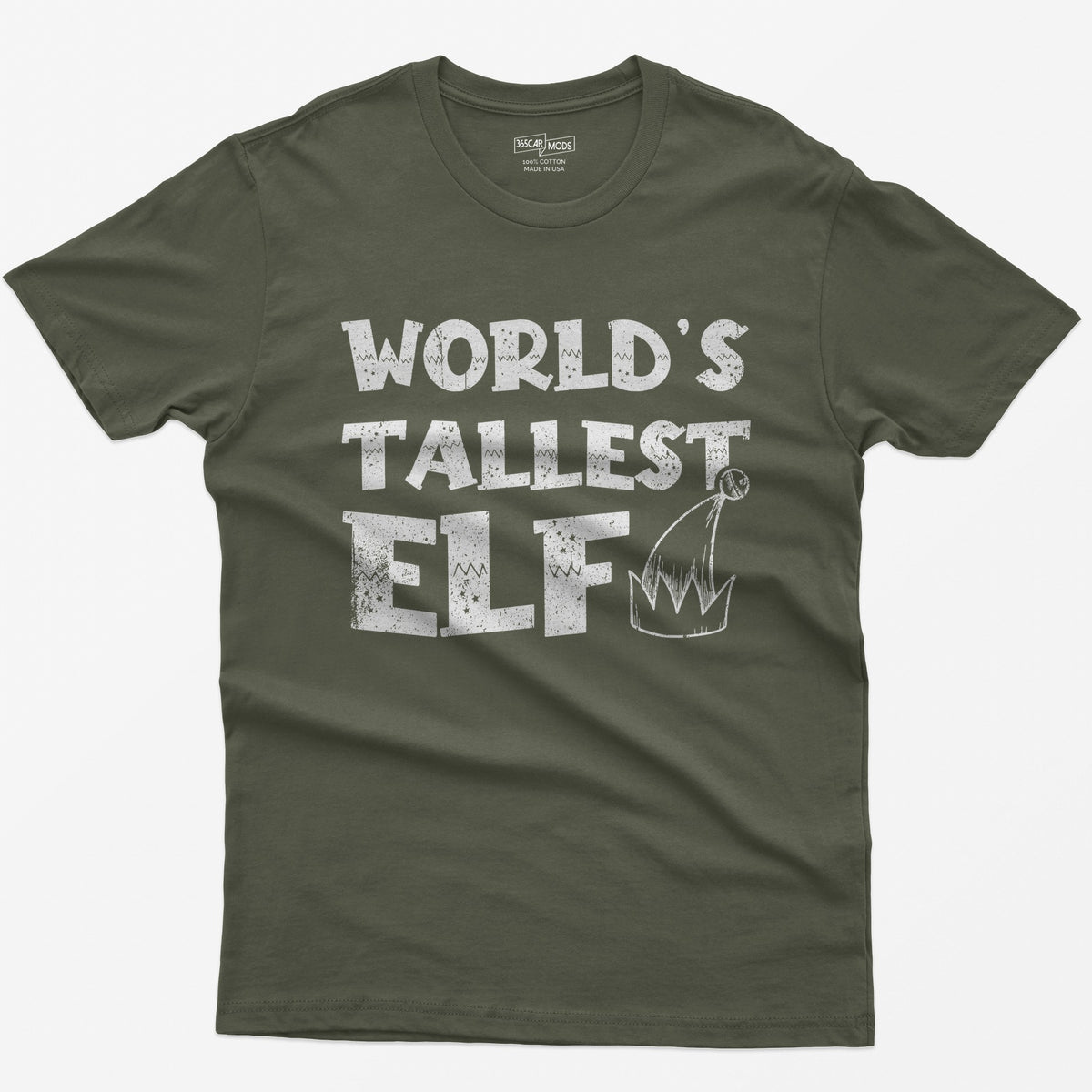 Military Green t-shirt with green distressed text World's Tallest Elf and a small elf hat with a bell
