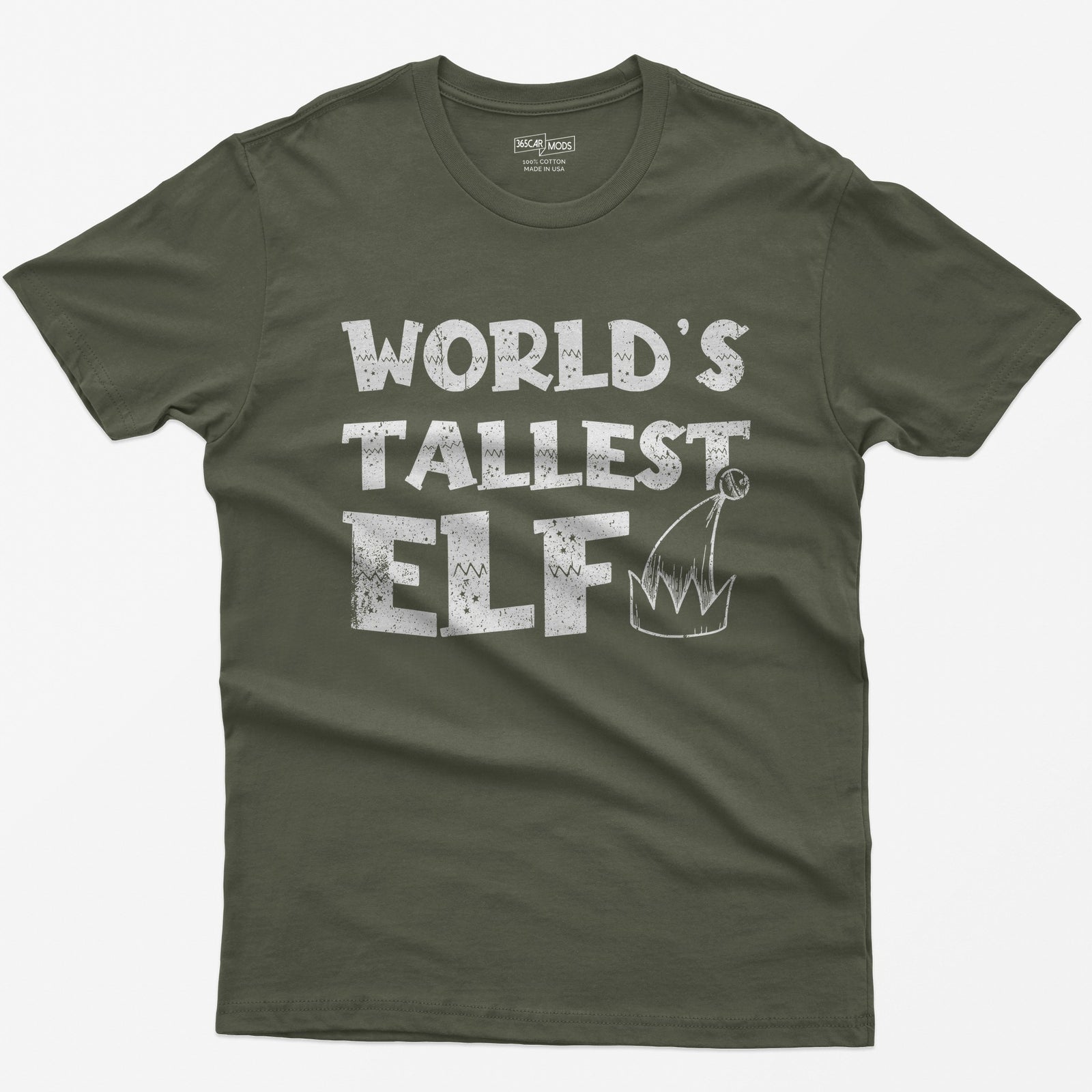 Military Green t-shirt with green distressed text World's Tallest Elf and a small elf hat with a bell