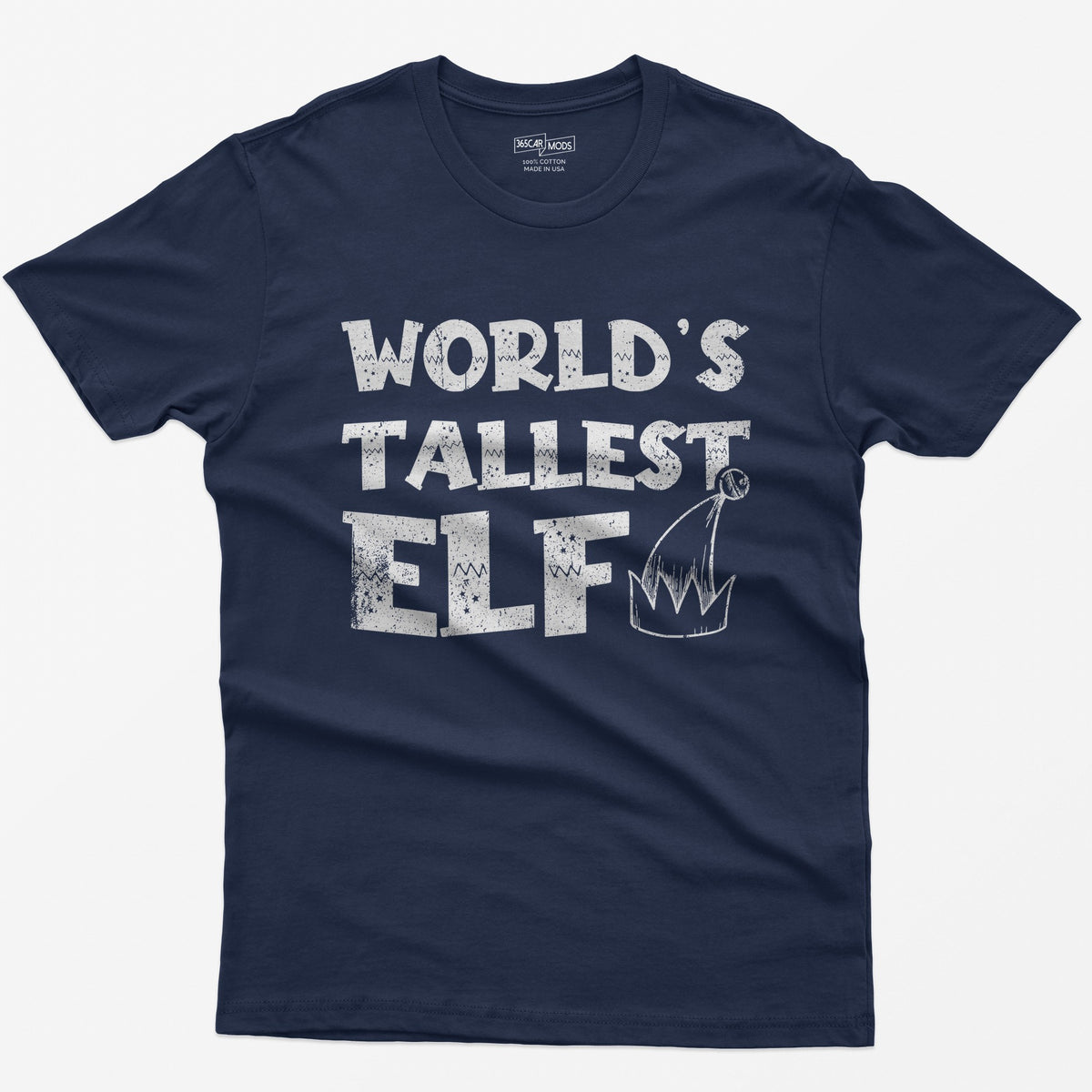 Navy t-shirt with green distressed text World's Tallest Elf and a small elf hat with a bell