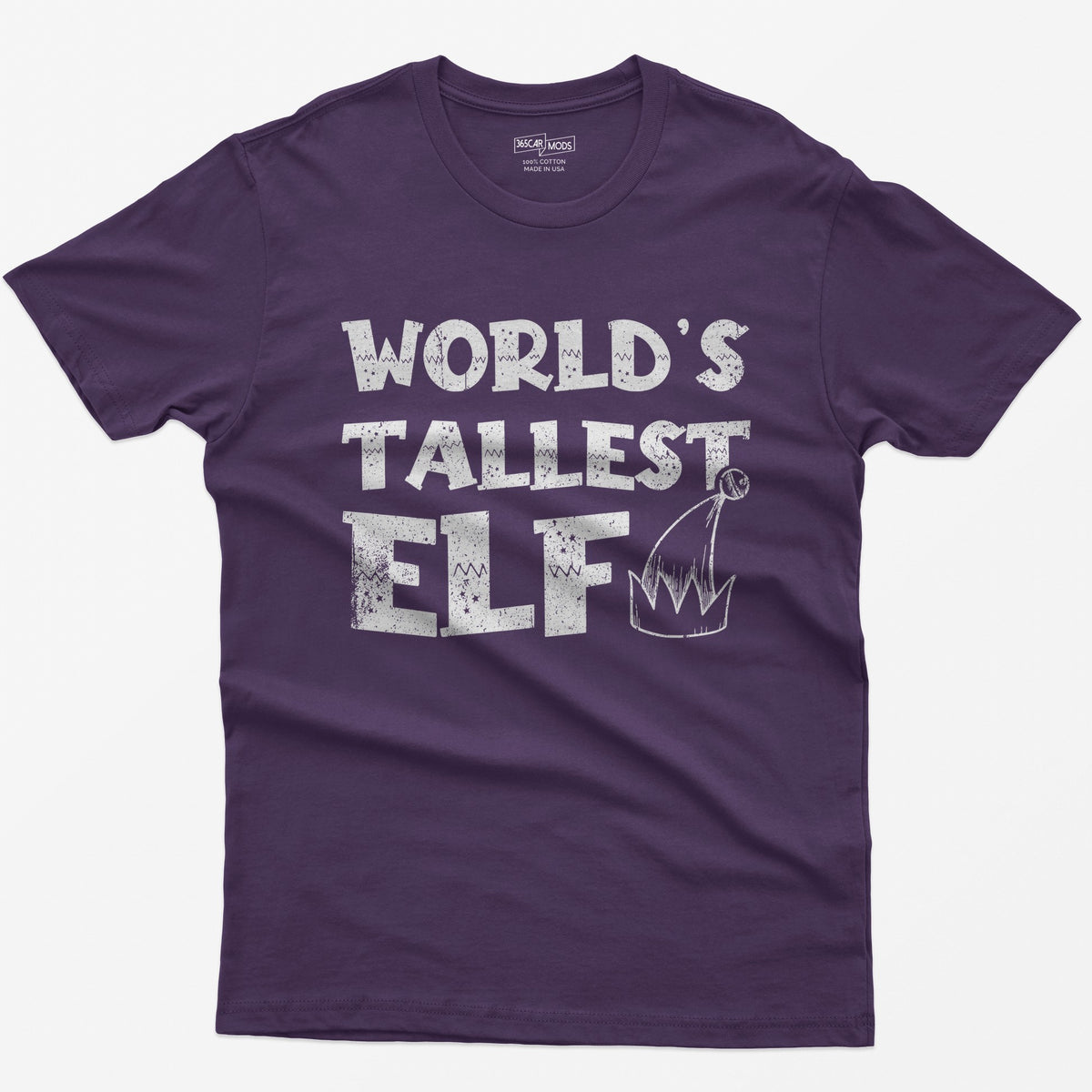 Purple t-shirt with green distressed text World's Tallest Elf and a small elf hat with a bell