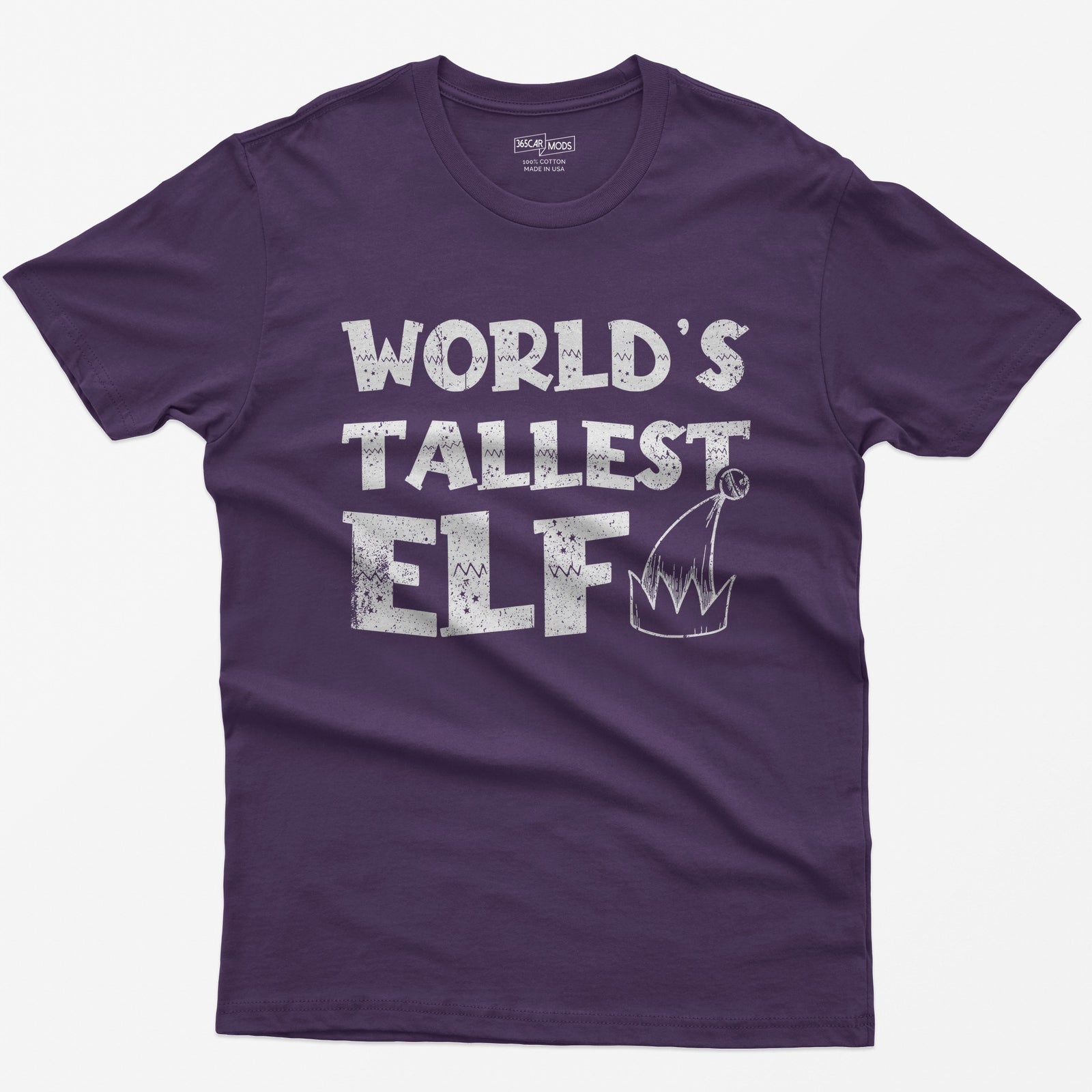Purple t-shirt with green distressed text World's Tallest Elf and a small elf hat with a bell