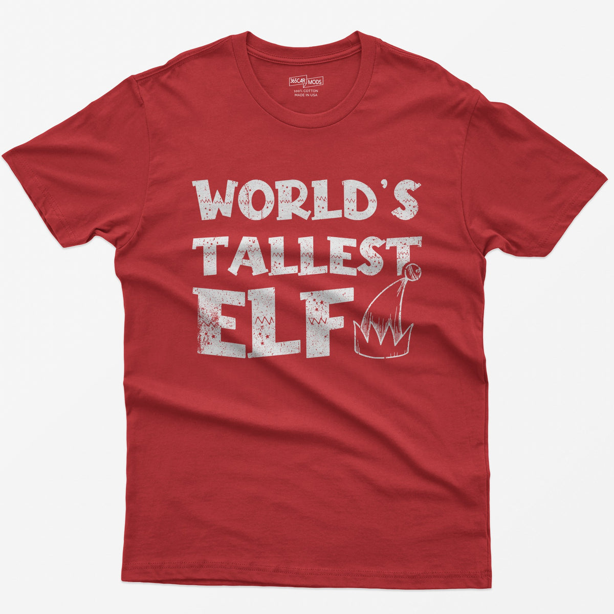 Red t-shirt with green distressed text World's Tallest Elf and a small elf hat with a bell