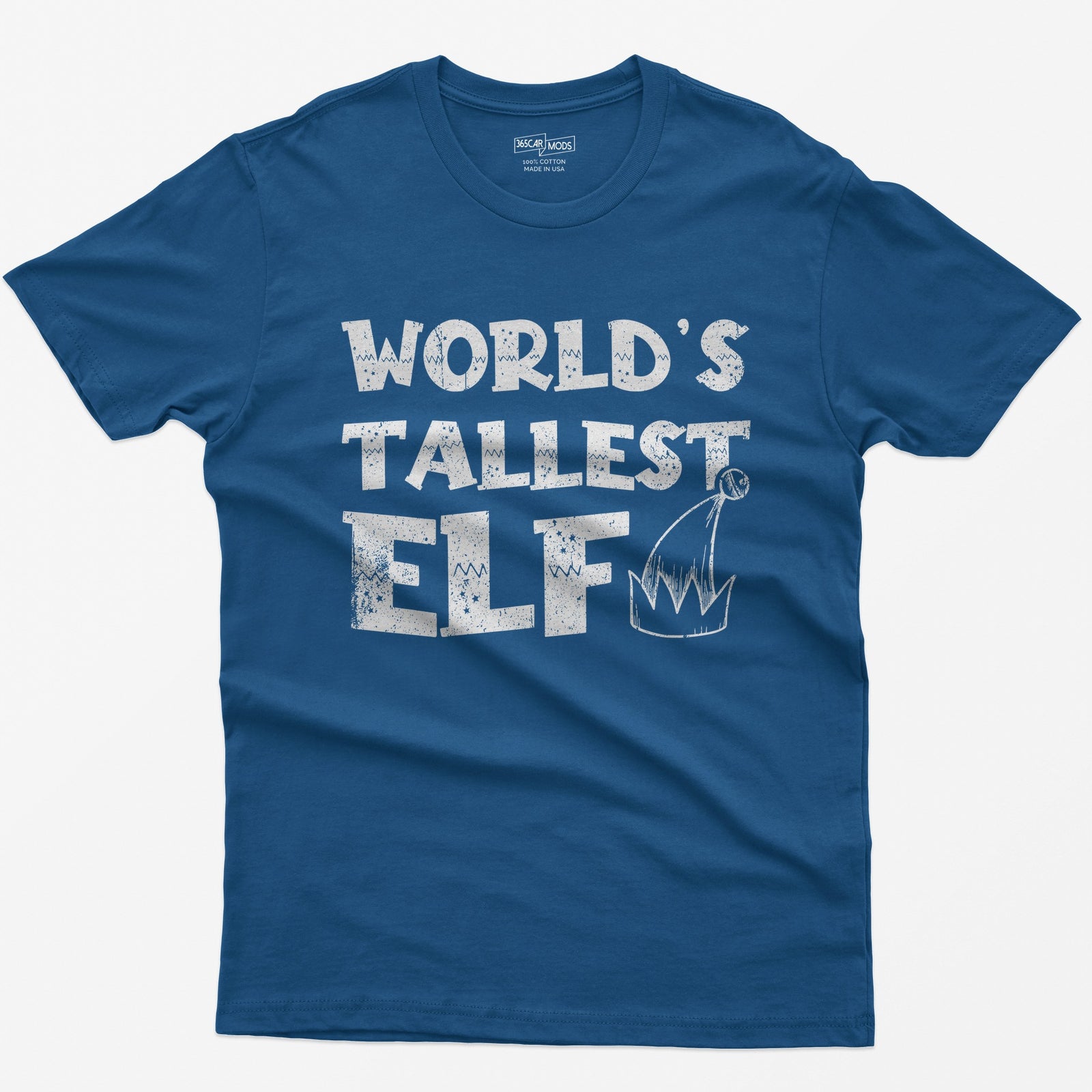 Royal t-shirt with green distressed text World's Tallest Elf and a small elf hat with a bell