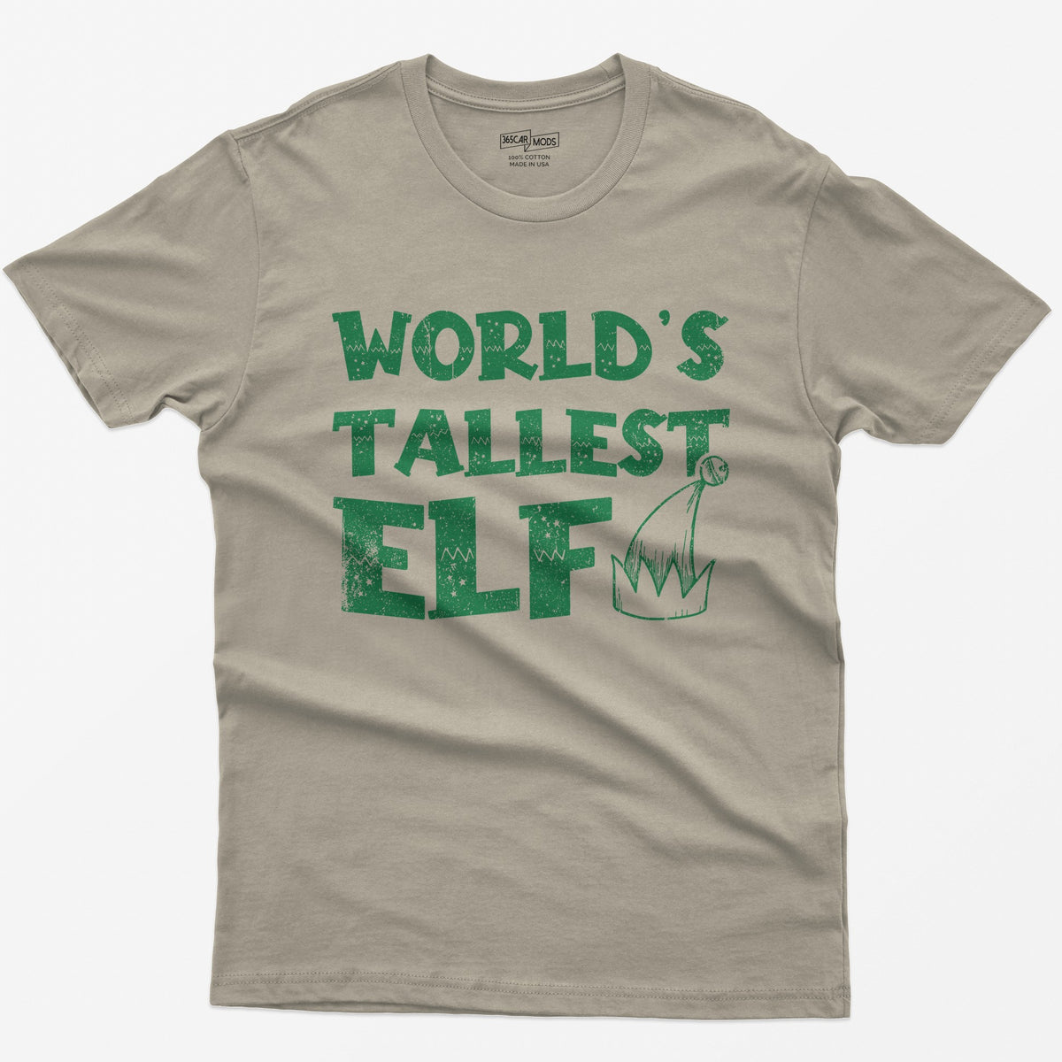 Sand t-shirt with green distressed text World's Tallest Elf and a small elf hat with a bell