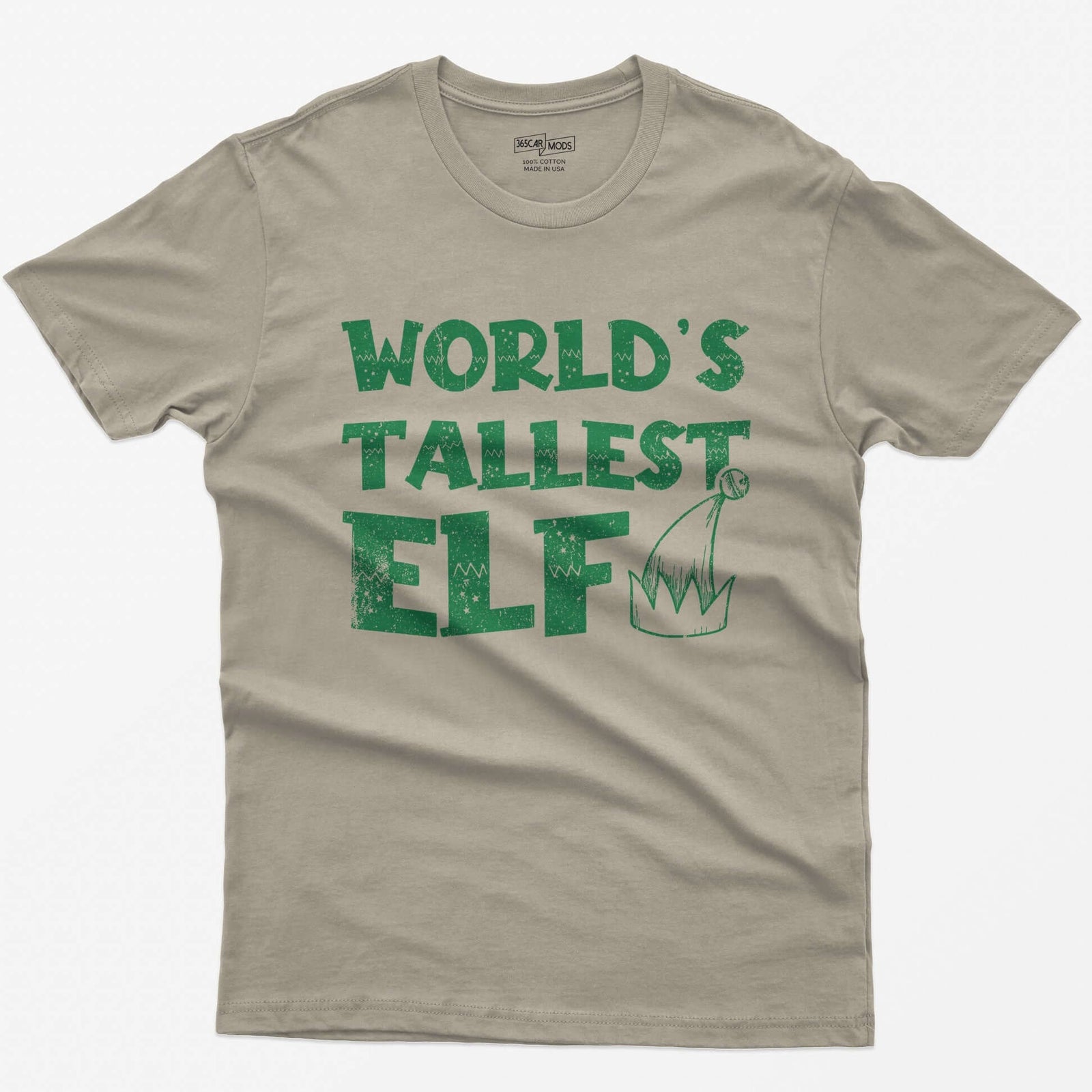 Sand t-shirt with green distressed text World's Tallest Elf and a small elf hat with a bell