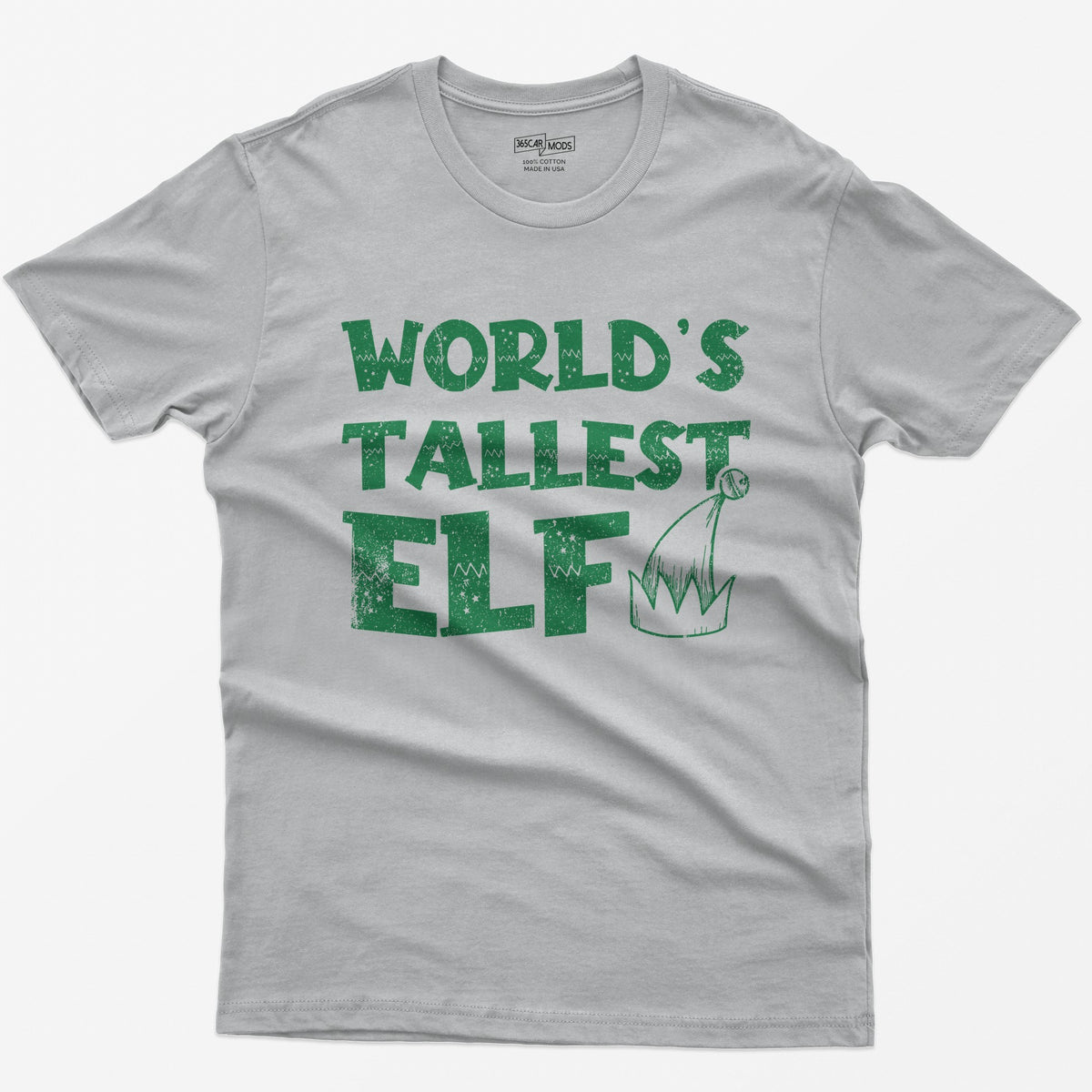 Sport Grey t-shirt with green distressed text World's Tallest Elf and a small elf hat with a bell