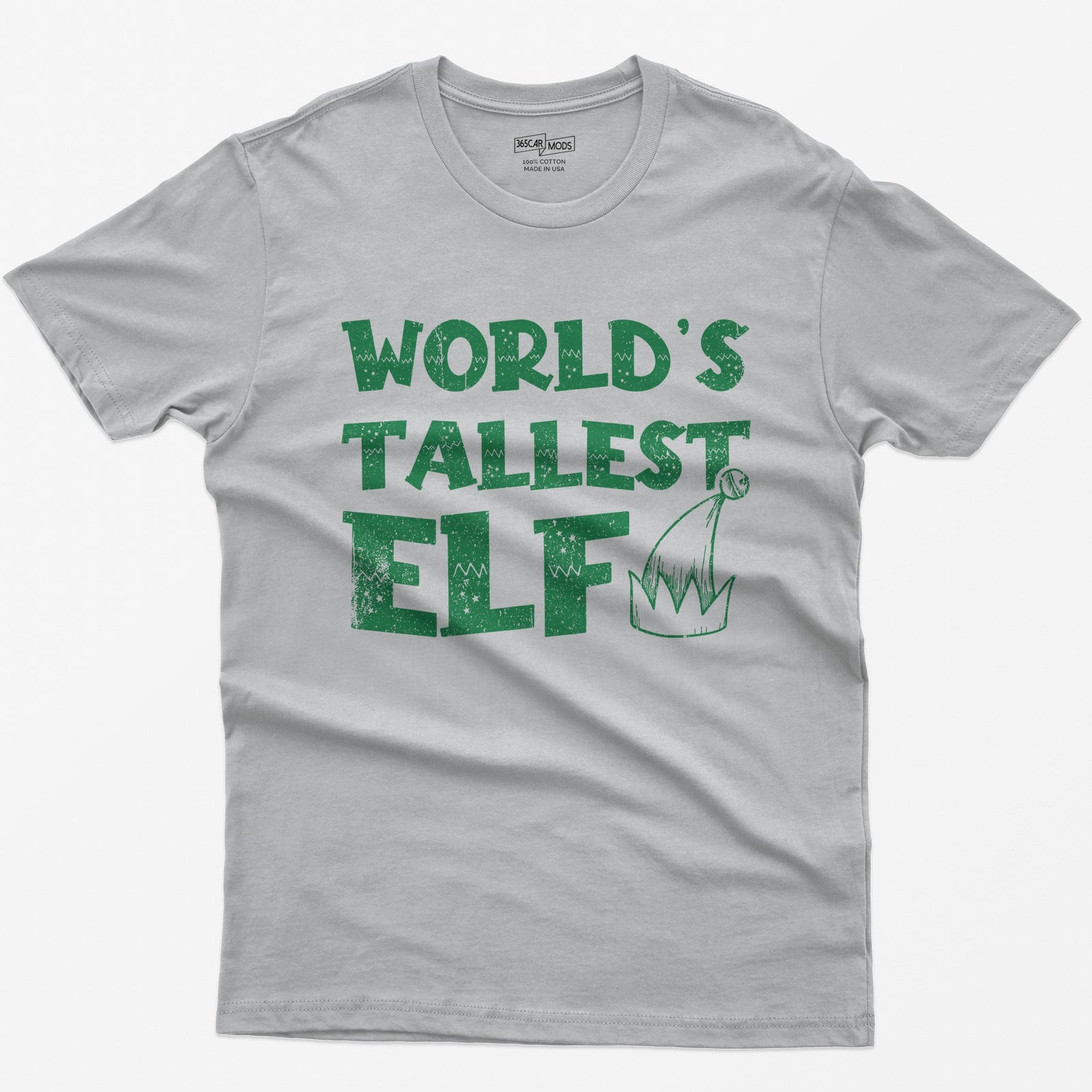 Sport Grey t-shirt with green distressed text World's Tallest Elf and a small elf hat with a bell