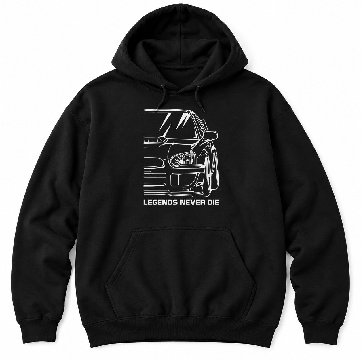 Black hoodie with a white close-up line drawing of an AWD rally sedan front end with a hood scoop and LEGENDS NEVER DIE