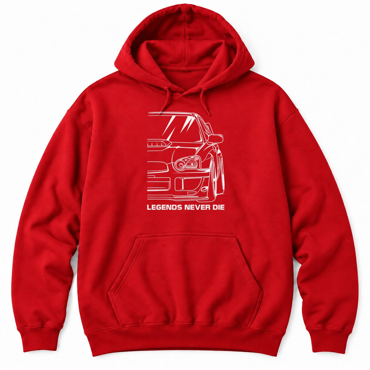 Red hoodie with a white close-up line drawing of an AWD rally sedan front end with a hood scoop and LEGENDS NEVER DIE