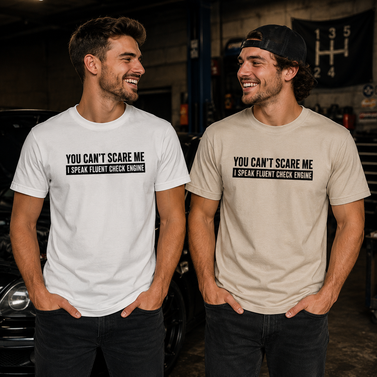Minimalist Check Engine shirt white | Car geek shirt | 365CarMods
