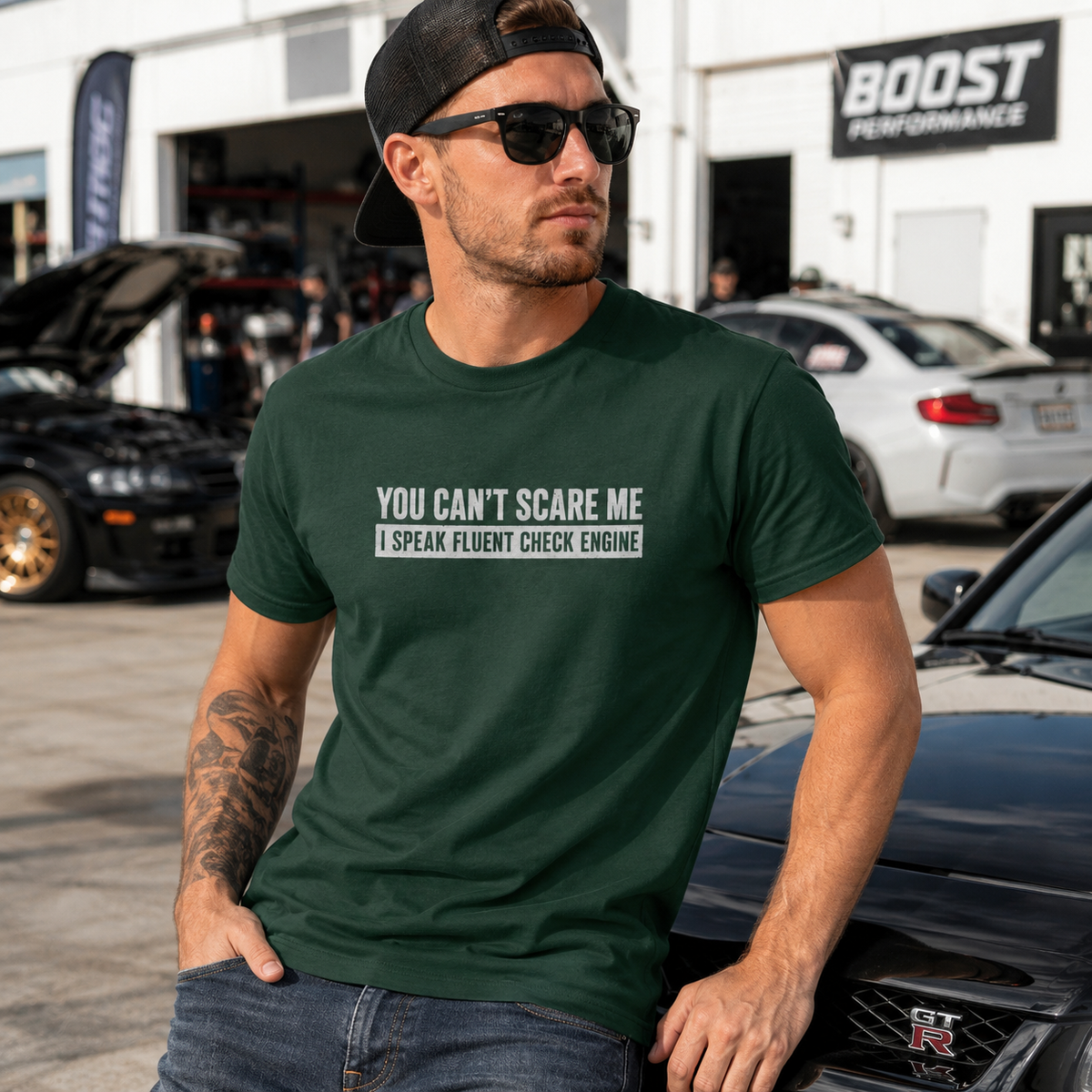 Minimalist Check Engine t-shirt lifestyle photo | Bold car repair tee | 365CarMods