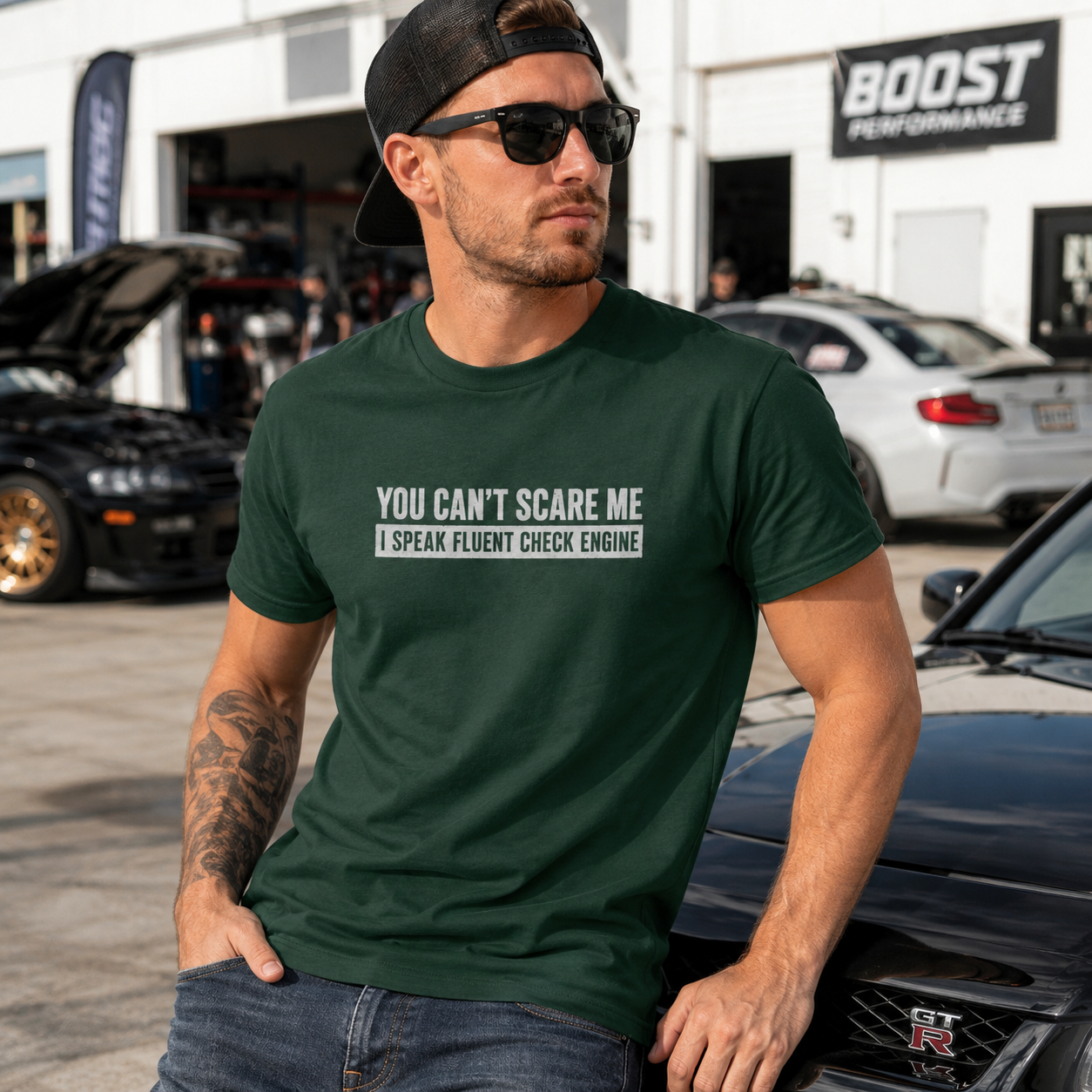 Minimalist Check Engine t-shirt lifestyle photo | Bold car repair tee | 365CarMods