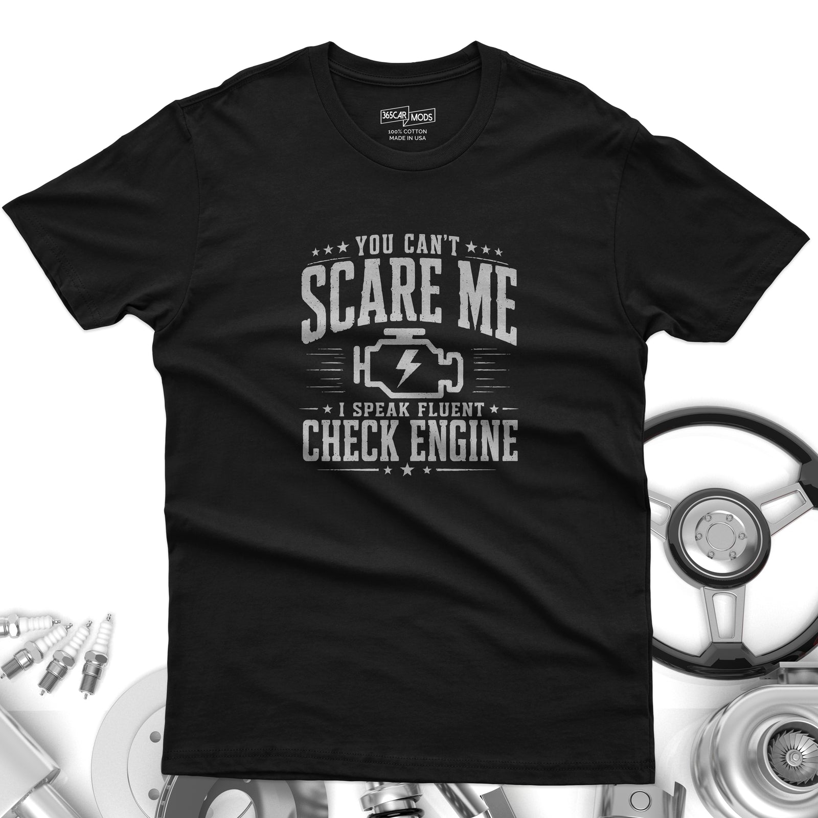 Vintage Check Engine t-shirt back view | Distressed car guy tee | 365CarMods