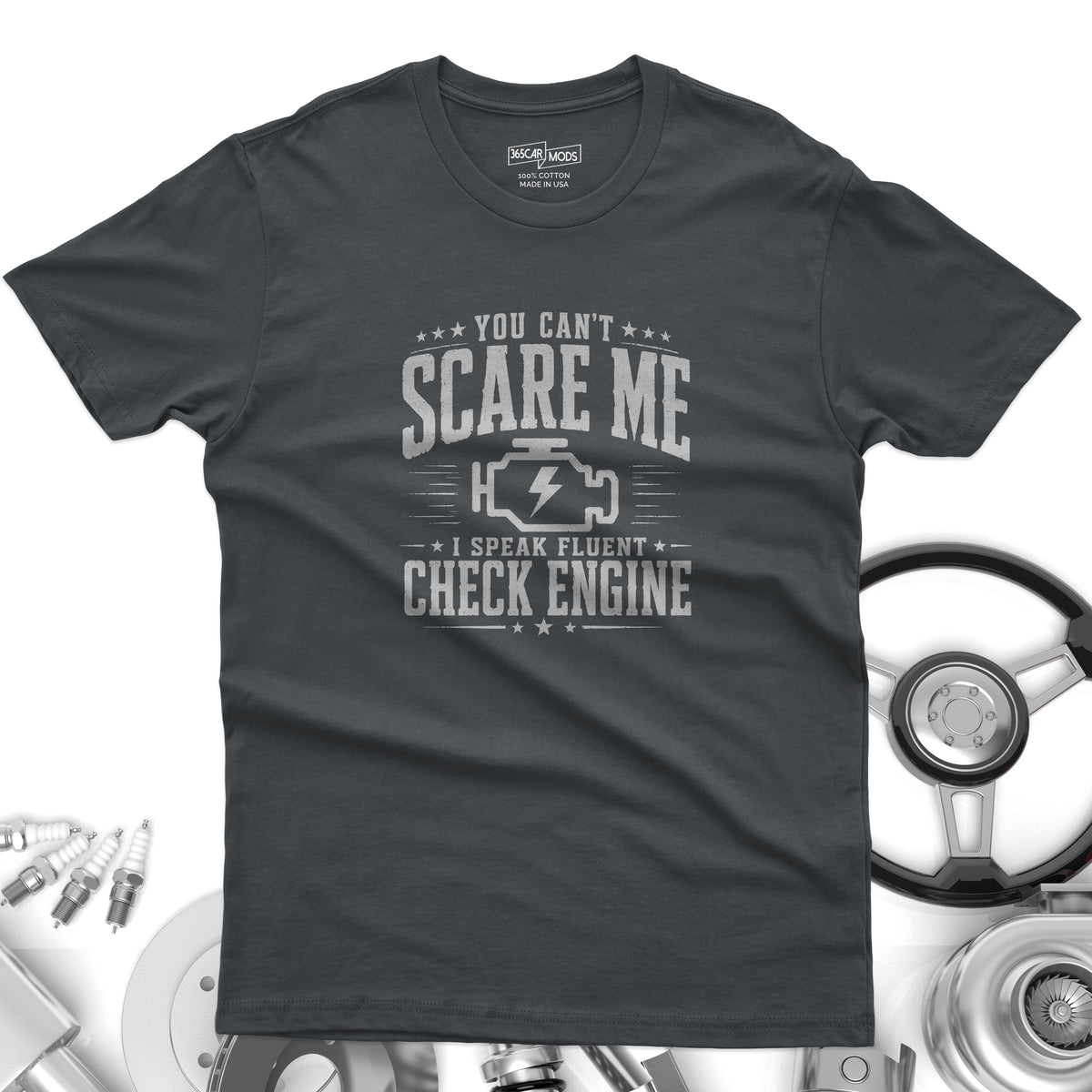 Vintage Check Engine t-shirt lifestyle photo | Gearhead gift tee | 365CarMods