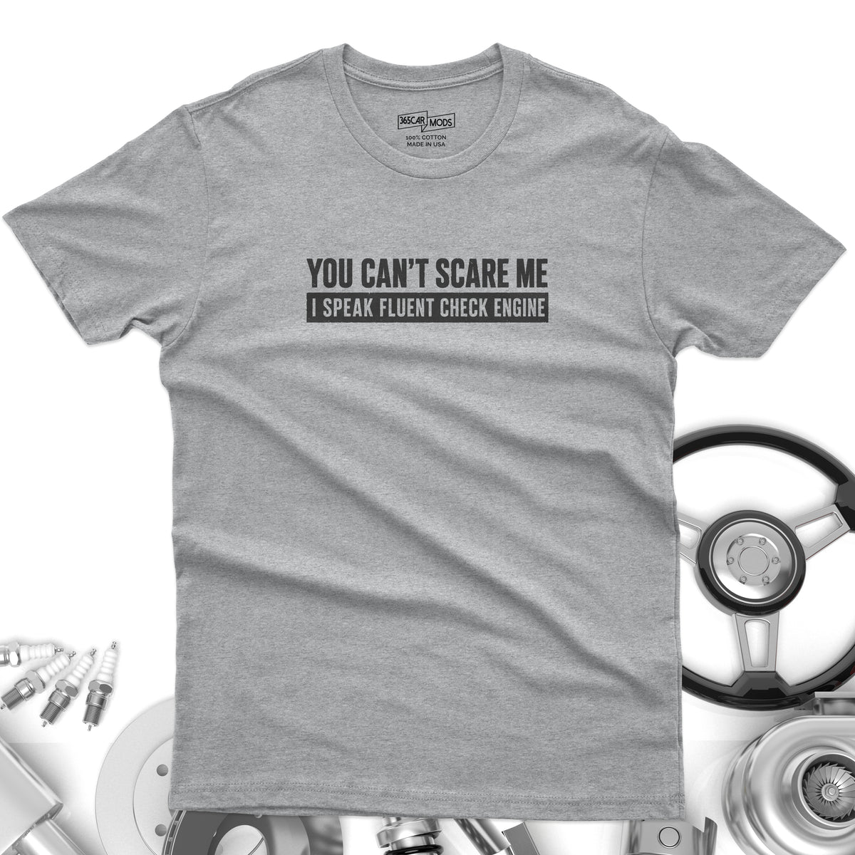 Minimalist Check Engine t-shirt design print | Bold car repair humor tee | 365CarMods