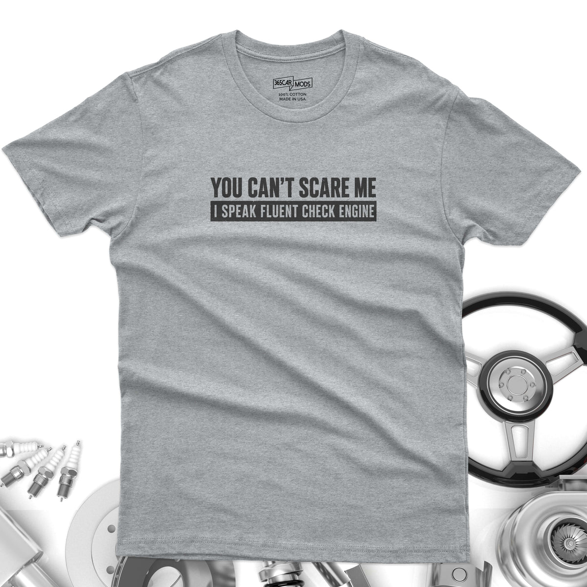 Minimalist Check Engine t-shirt design print | Bold car repair humor tee | 365CarMods