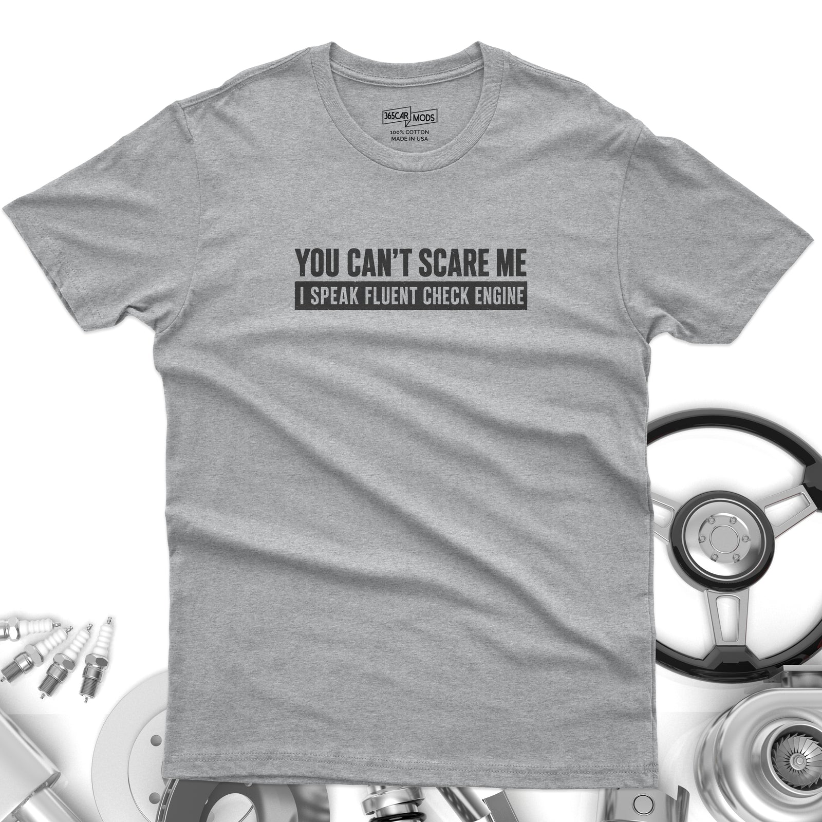 Minimalist Check Engine t-shirt design print | Bold car repair humor tee | 365CarMods