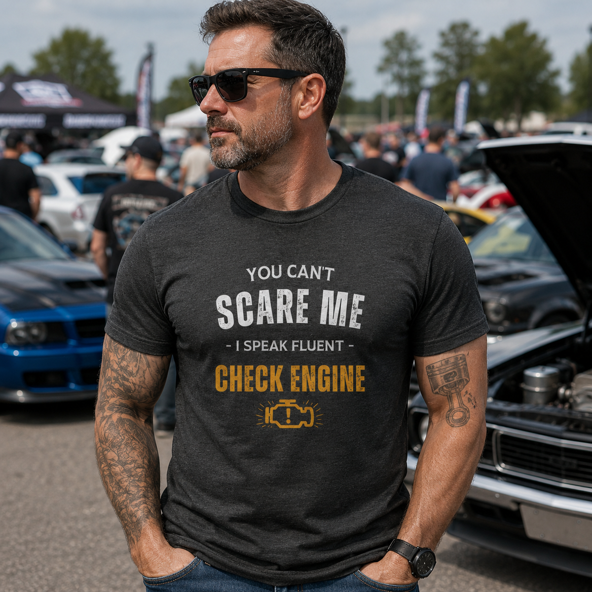 Funny Check Engine shirt navy | Mechanic humor tee | 365CarMods