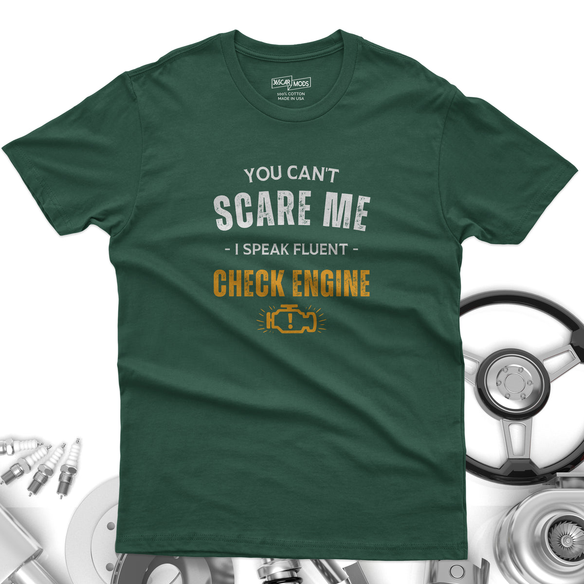 Funny Check Engine t-shirt lifestyle photo | Garage humor gift | 365CarMods