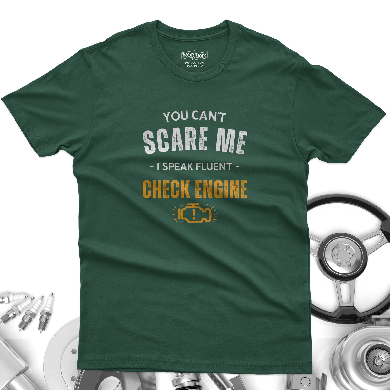 Funny Check Engine t-shirt lifestyle photo | Garage humor gift | 365CarMods