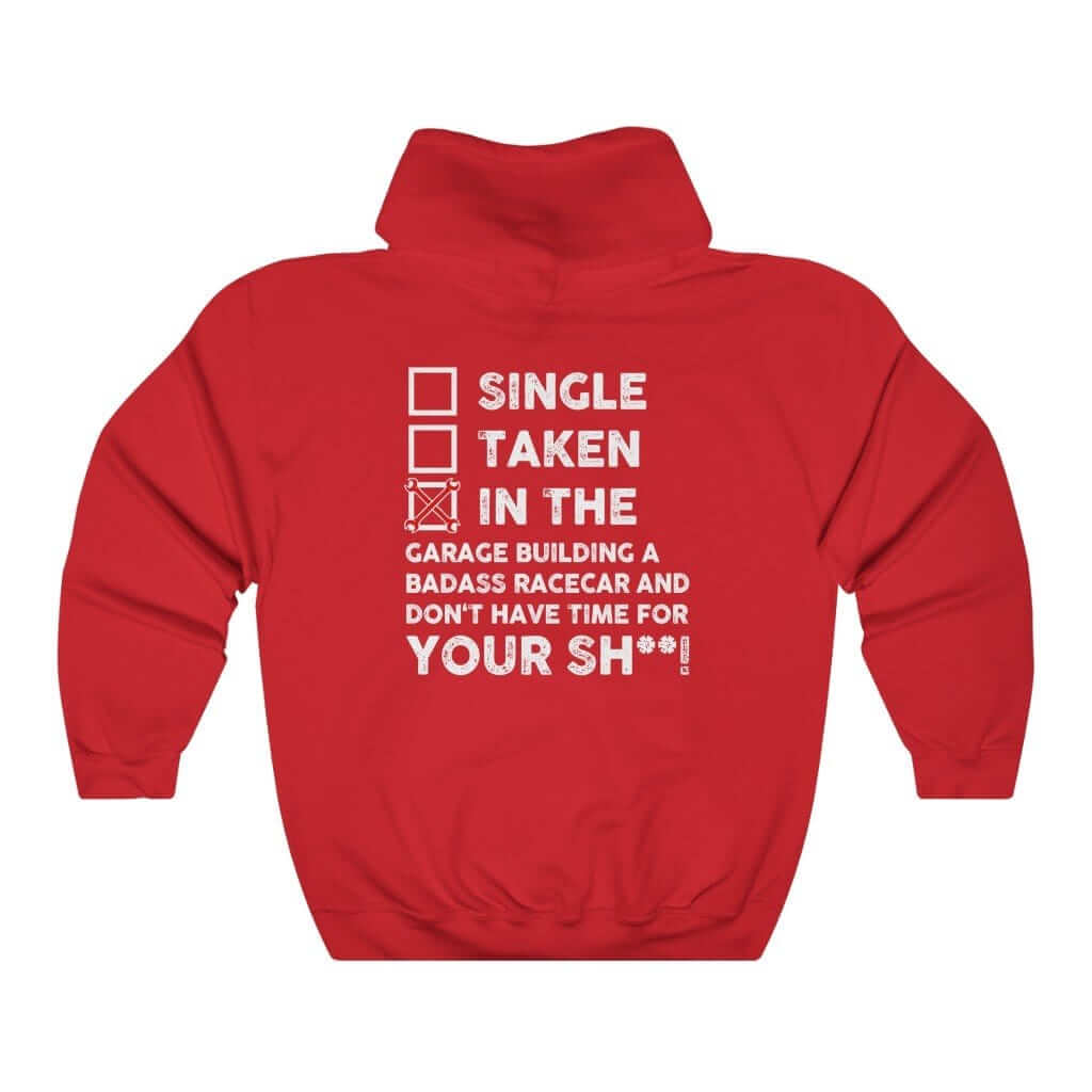 in the garage building a racecar red hoodie, white background