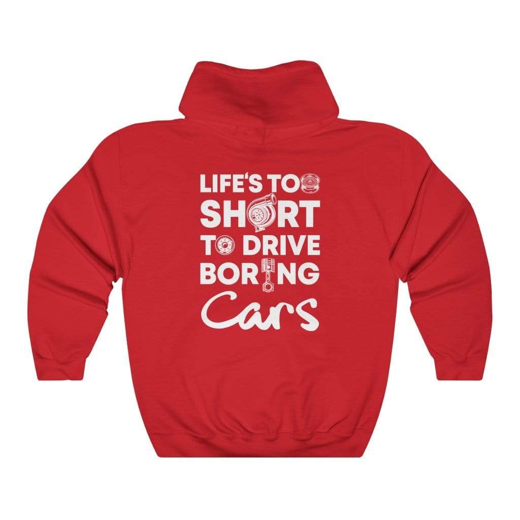 life-is-too-short-drive-boring-cars-red-hoodie-white-background