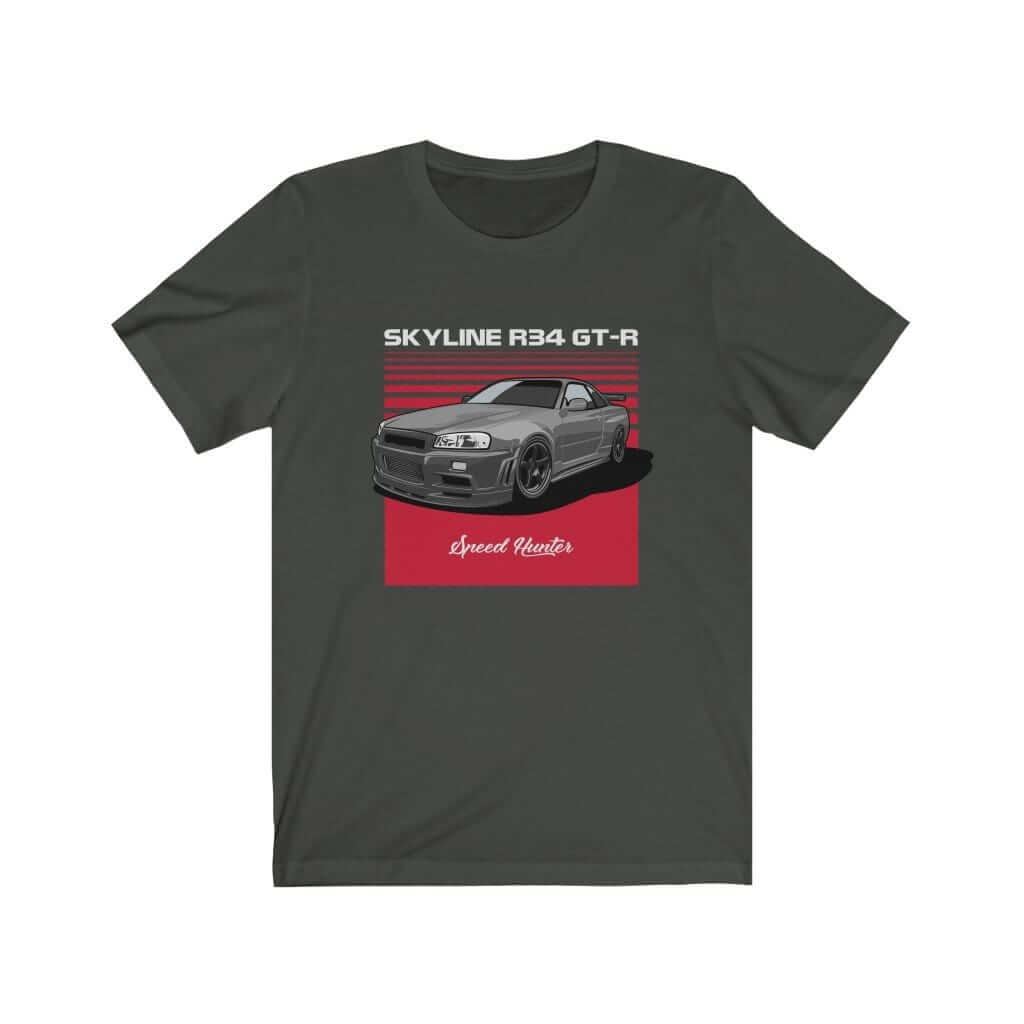 R34 car enthusiast t-shirt flat lay in dark grey, JDM car guy gift