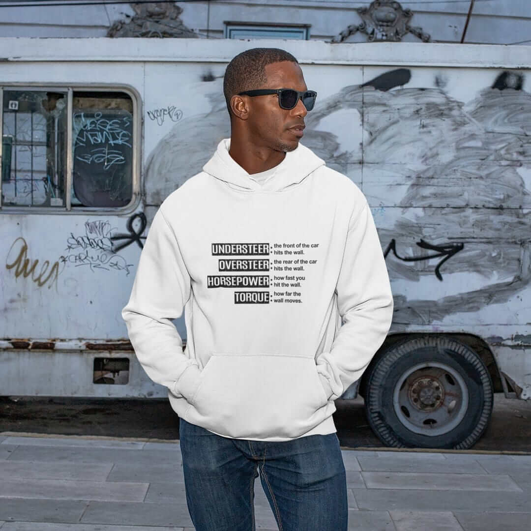 car guy with white funny car hoodie, car guy hoodie, car clothing, car apparel, car merch