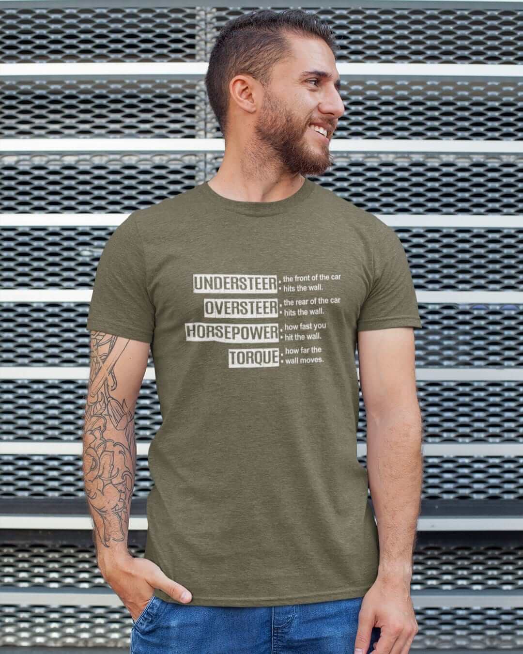 car lover with heather olive funny car t-shirt, car merch, car guy gift, car apparel