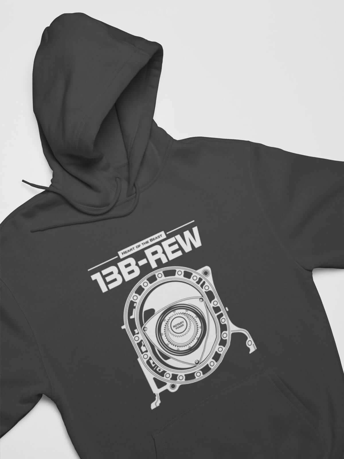 Legendary Japanese engine printed on dark grey car hoodie designed for car lovers, car guys, car enthusiasts, JDM lovers and petrolheads