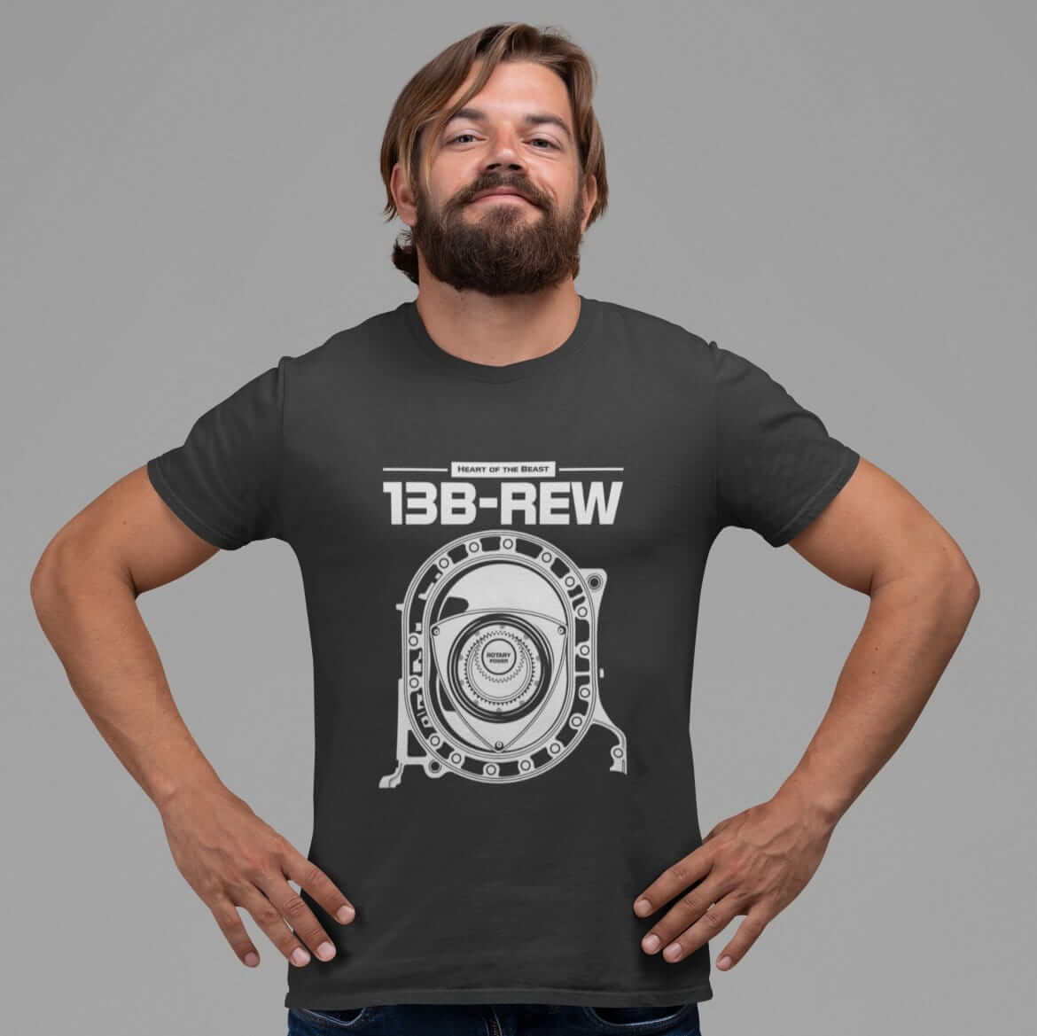 Legendary Japanese engine printed on dark grey  car t-shirt designed for car lovers, car guys, car enthusiasts, JDM lovers and petrolheads