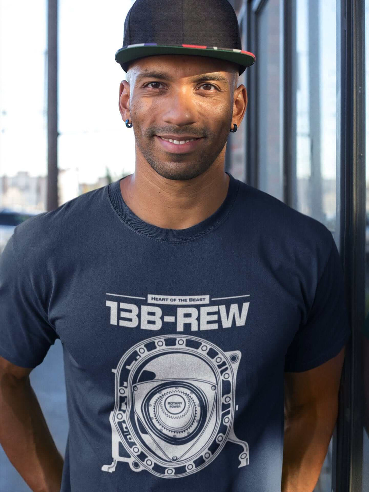 Legendary Japanese engine printed on navy car t-shirt designed for car lovers, car guys, car enthusiasts, JDM lovers and petrolheads