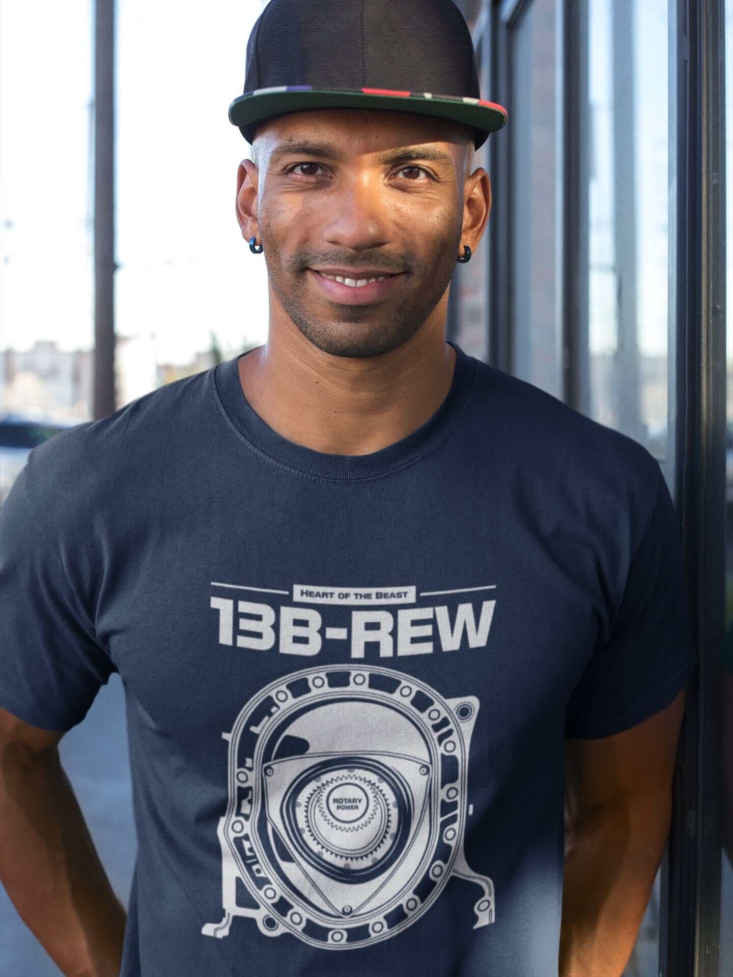 Legendary Japanese engine printed on navy car t-shirt designed for car lovers, car guys, car enthusiasts, JDM lovers and petrolheads