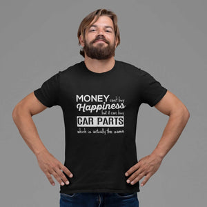 a man with More-car-parts-is-equal-to-happiness-funny-black-car-tshirt,-mechanic,-car-fans,-car-guys,-car-lovers,-car-enthusiasts,-petrolheads,-drifting-tshirt,-awesome-men's-gift-idea