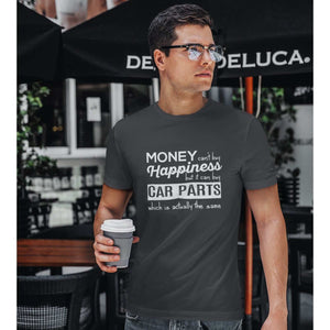 a man with More-car-parts-is-equal-to-happiness-funny-dark-grey-car-tshirt,-mechanic,-car-fans,-car-guys,-car-lovers,-car-enthusiasts,-petrolheads,-drifting-tshirt,-awesome-men's-gift-idea