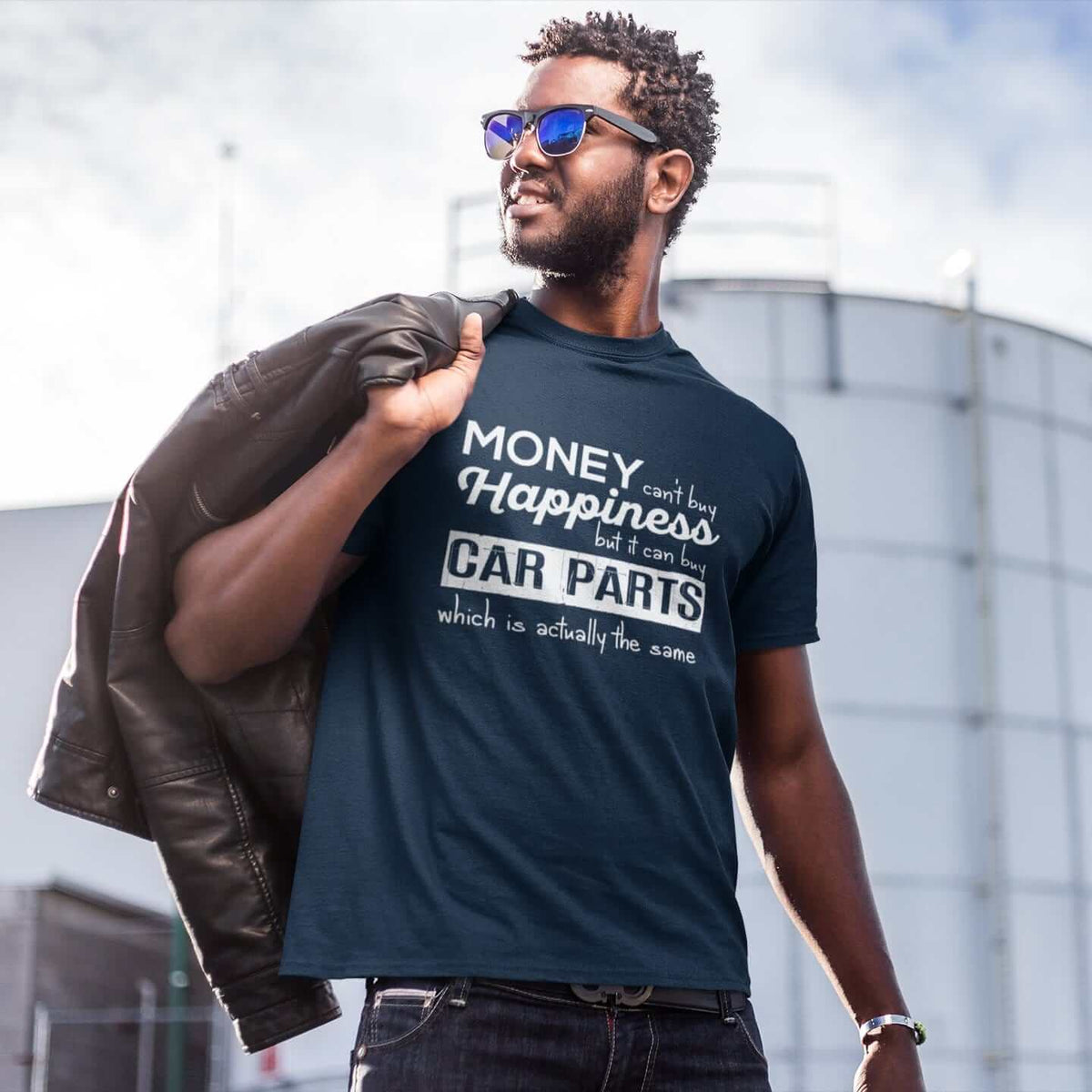 a man with More-car-parts-is-equal-to-happiness-funny-navy-car-tshirt,-mechanic,-car-fans,-car-guys,-car-lovers,-car-enthusiasts,-petrolheads,-drifting-tshirt,-awesome-men's-gift-idea