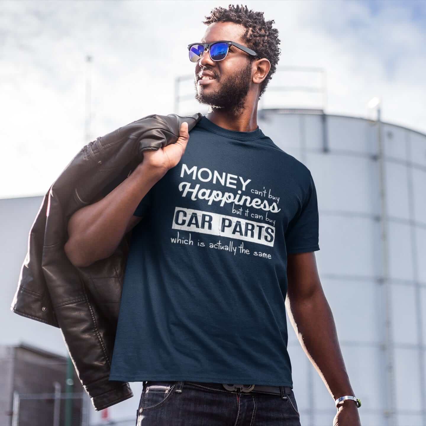 a man with More-car-parts-is-equal-to-happiness-funny-navy-car-tshirt,-mechanic,-car-fans,-car-guys,-car-lovers,-car-enthusiasts,-petrolheads,-drifting-tshirt,-awesome-men's-gift-idea