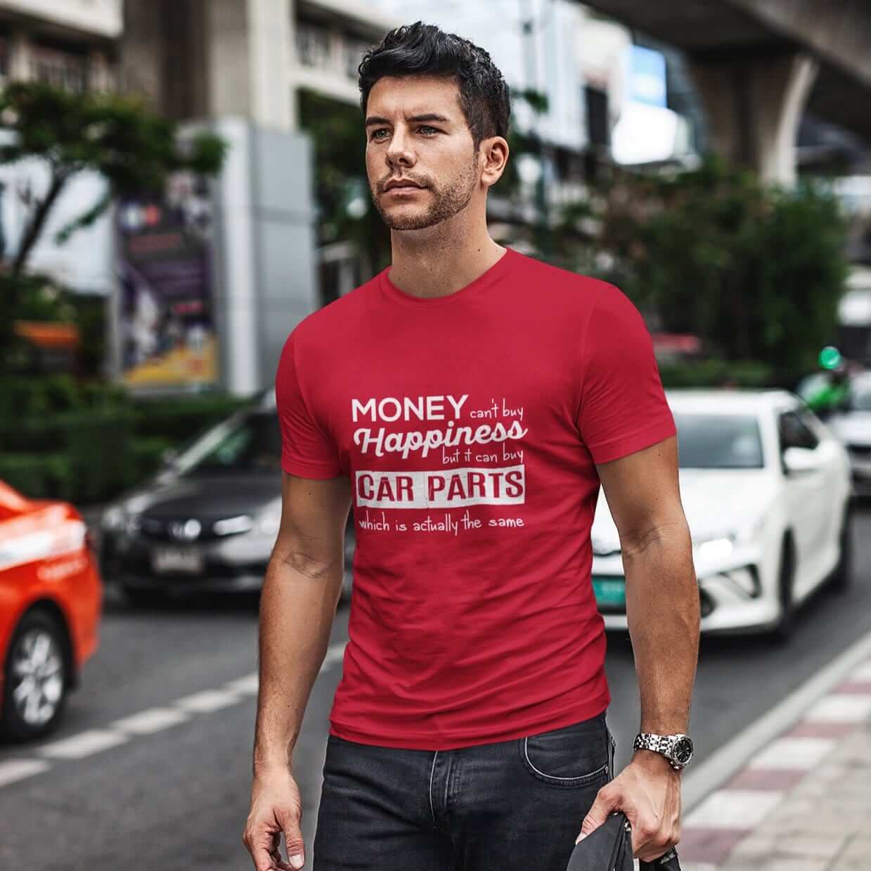 More-car-parts-is-equal-to-happiness-funny-red-car-tshirt,-mechanic,-car-fans,-car-guys,-car-lovers,-car-enthusiasts,-petrolheads,-drifting-tshirt,-awesome-men's-gift-idea