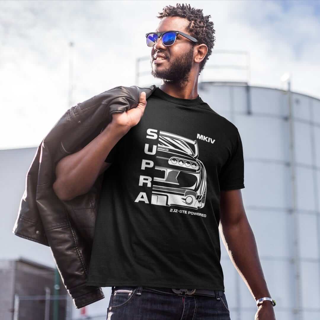 a jdm lover with black mkiv supra t-shirt