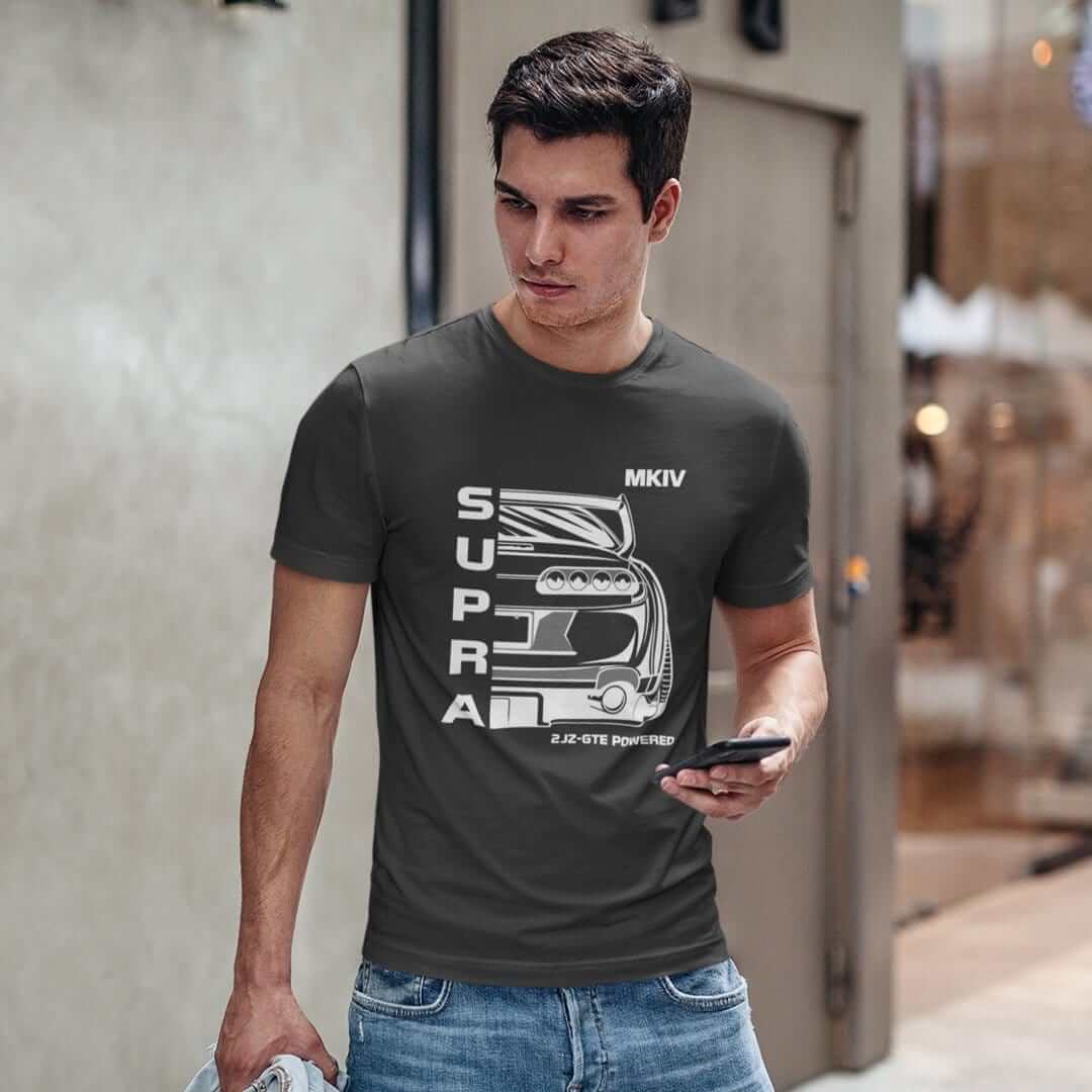 a jdm lover with dark grey mkiv supra t-shirt