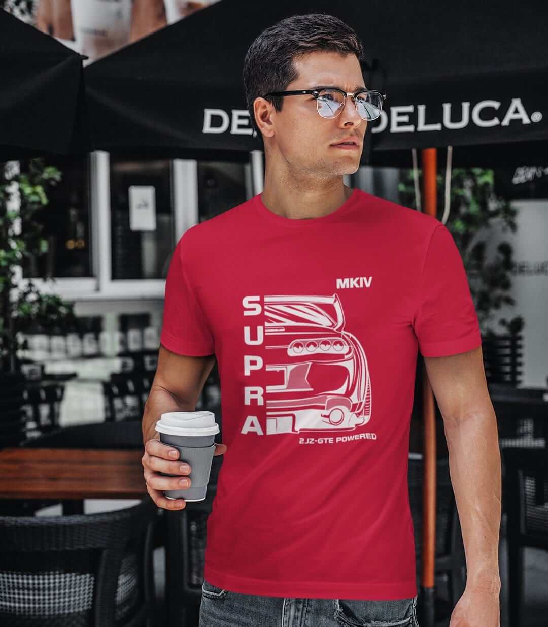 a jdm lover with red mkiv supra t-shirt