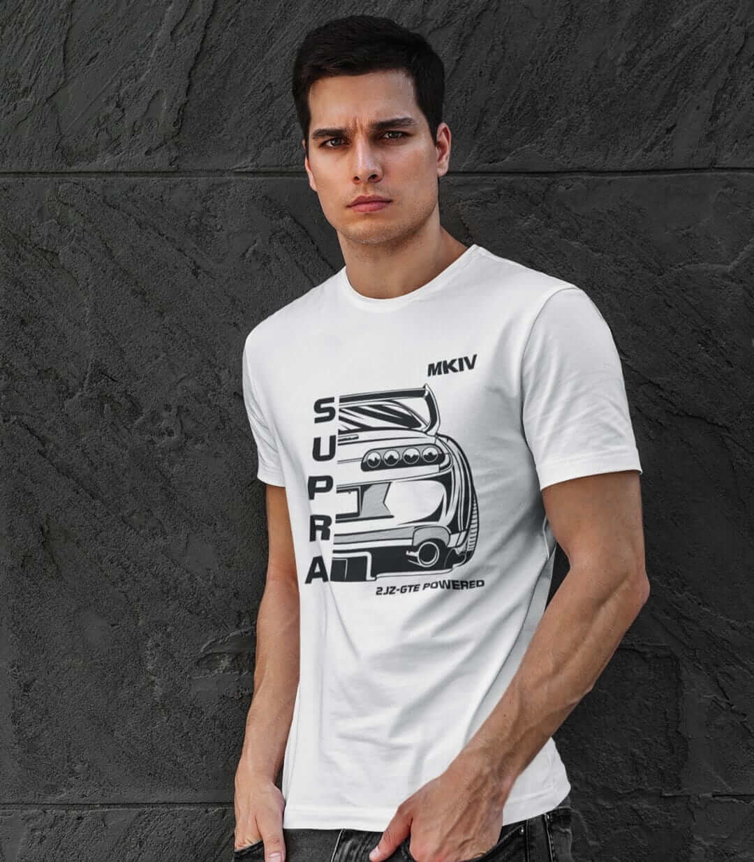 a jdm lover with white mkiv supra t-shirt