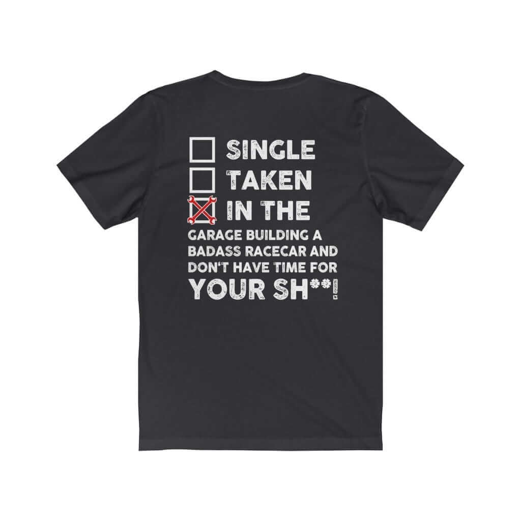 in the garage building a racecar dark grey t-shirt, car guys clothing