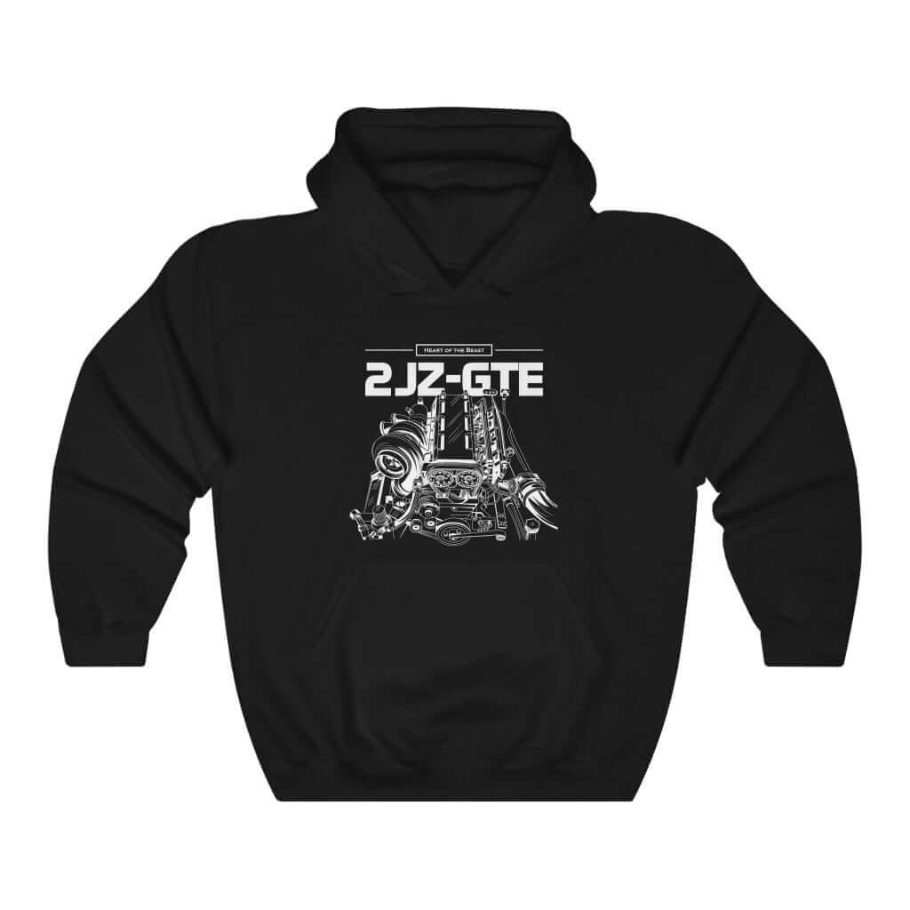 2JZ GTE Engine JDM hoodie — flat lay | JDM car enthusiast hoodie