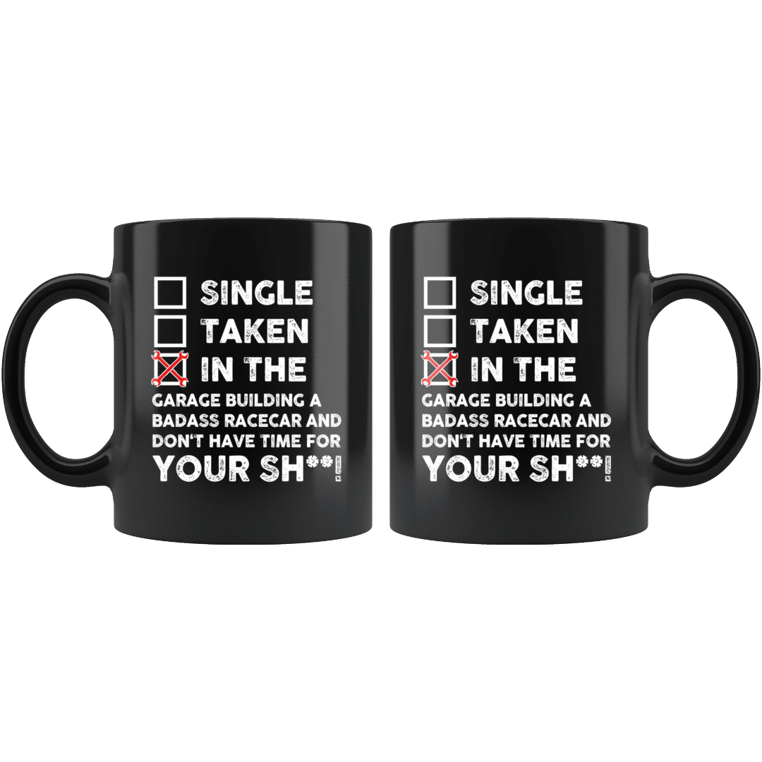 in the garage building a racecar mug, car guys coffee mugs