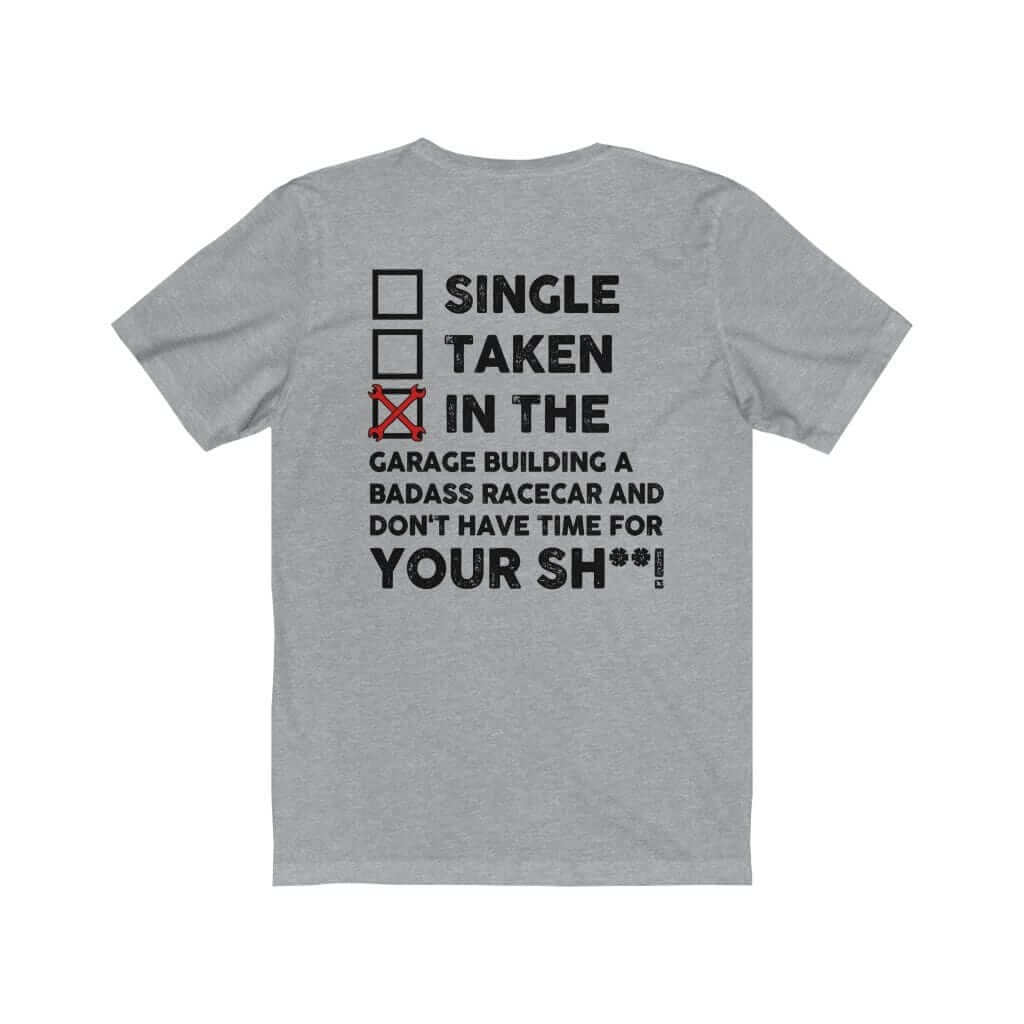 in the garage building a racecar athletic heather t-shirt, car guys clothing