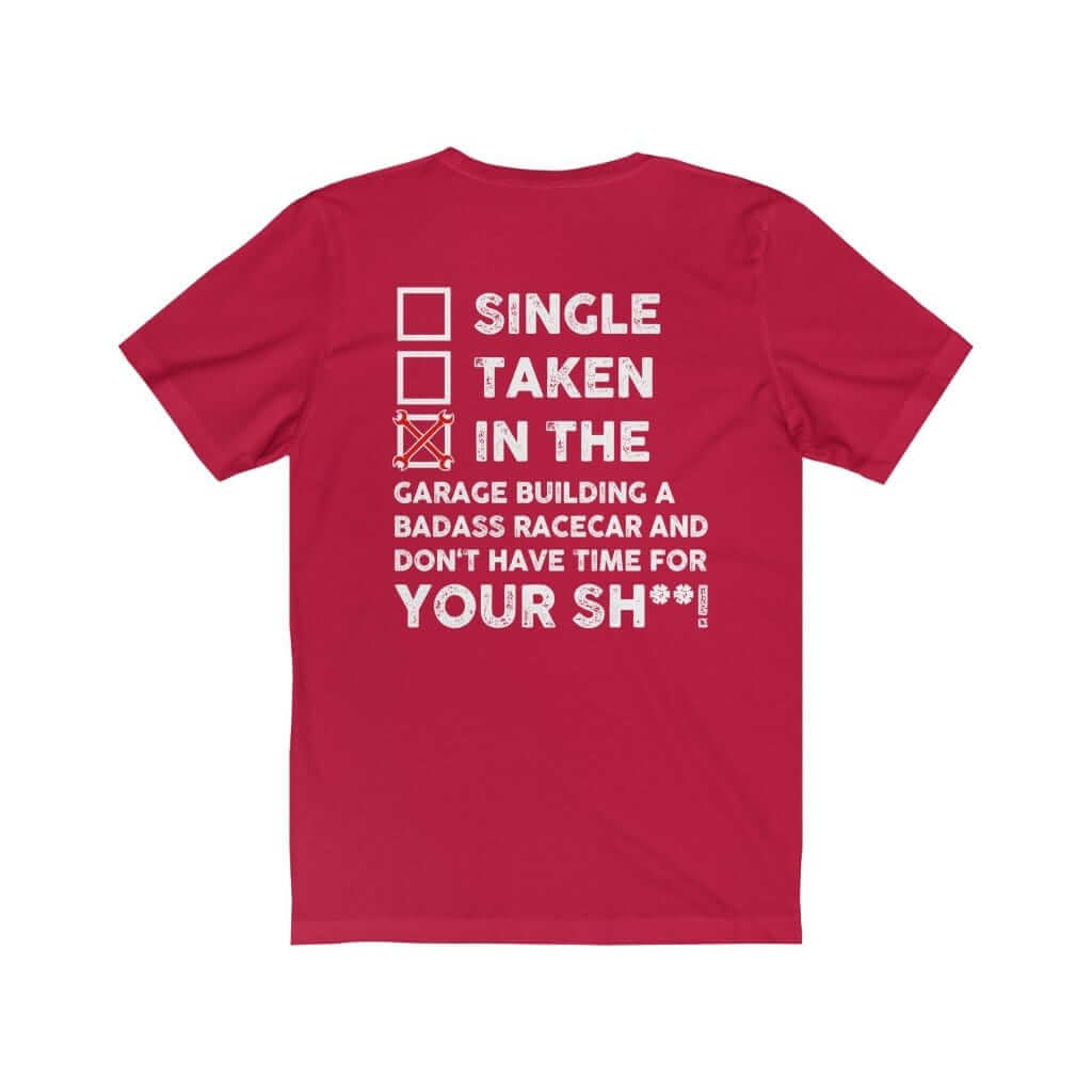 in the garage building a racecar red t-shirt, car guys clothing