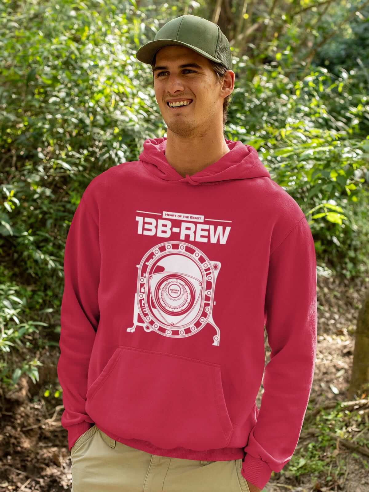 Legendary Japanese engine printed on red car hoodie designed for car lovers, car guys, car enthusiasts, JDM lovers and petrolheads