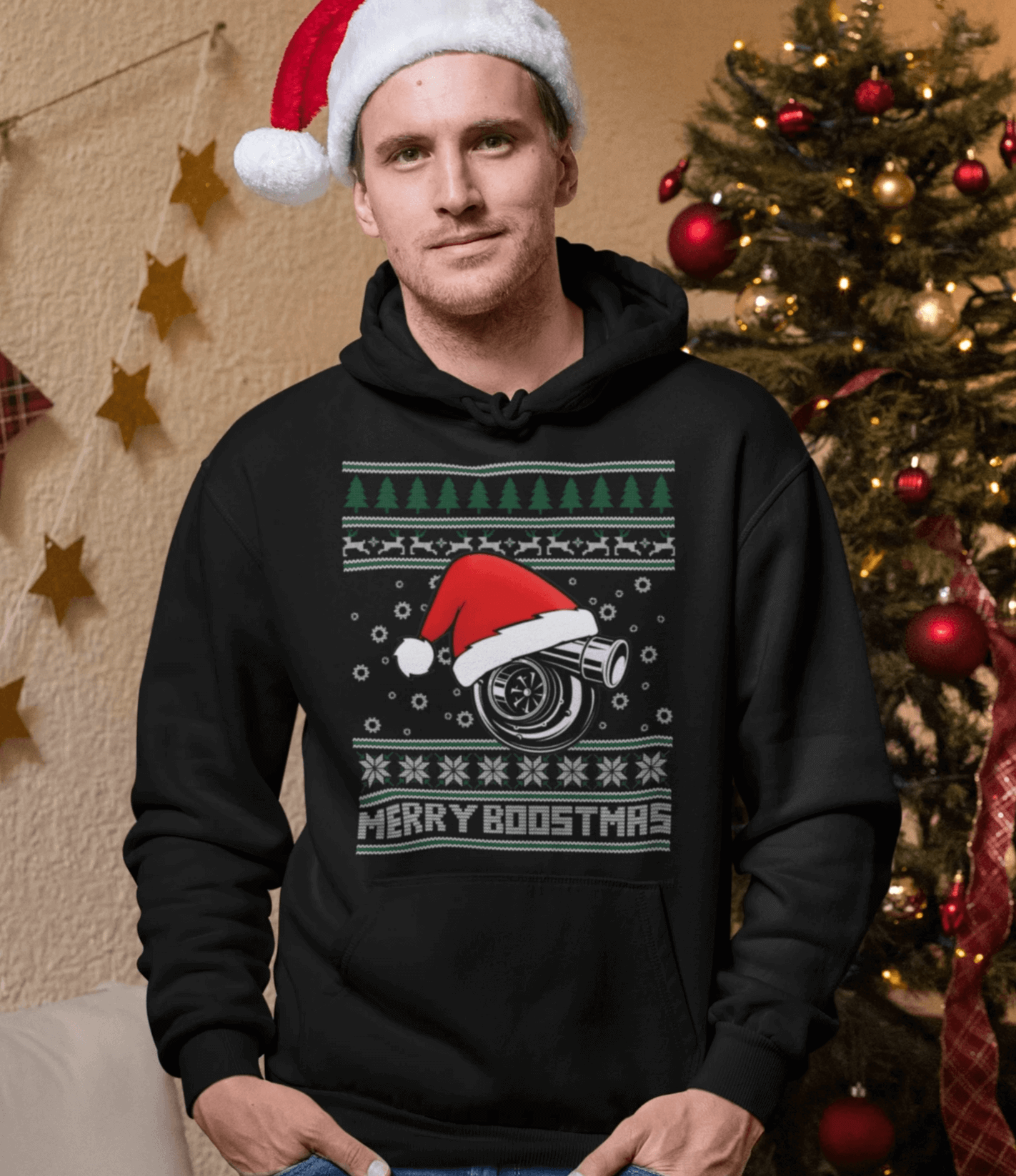 merry boostmas - ugly christmas design, funny black hoodie, car apparel, xmas gift, christmas gift, turbo, jdm, racecar, the perfect gift